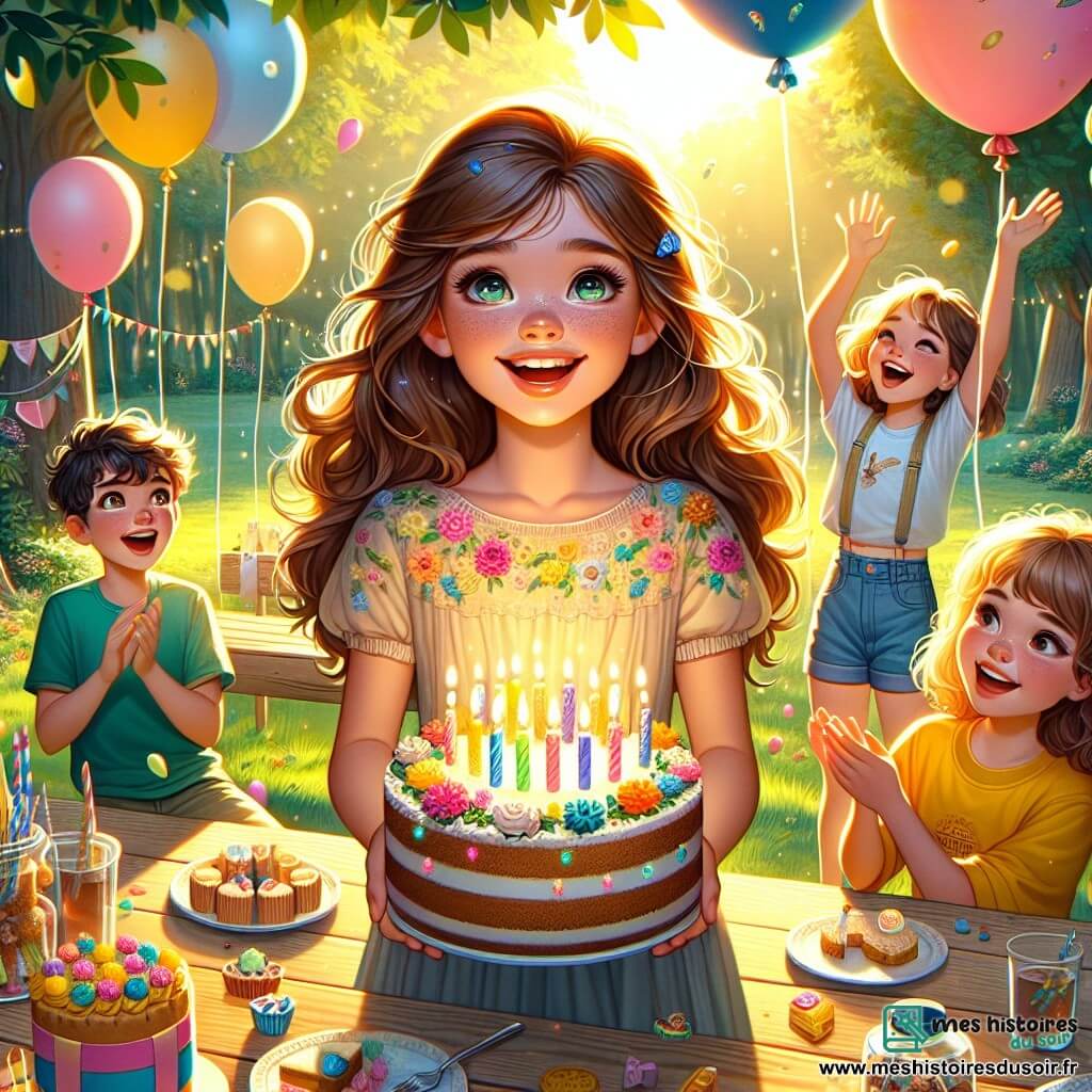 Au centre de l'image, Léa, une fille de 11 ans aux longs cheveux bruns et aux yeux pétillants, sourit en tenant un grand gâteau d'anniversaire décoré de bougies colorées. Elle porte une robe légère à fleurs, et ses joues sont rosies d'excitation. À sa droite, Clara, une fille aux cheveux bouclés et blonds, applaudit avec enthousiasme, vêtue d'un t-shirt jaune et d'un short en jean, entourée de ballons colorés. À gauche, Max, un garçon de 10 ans aux cheveux châtains et lunettes rondes, rit en tenant un gobelet de jus de fruit, portant un t-shirt bleu et un short vert, près d'une table avec des bonbons. Le décor se situe dans un parc verdoyant, baigné par la lumière dorée du soleil couchant, avec des familles s'amusant en arrière-plan. Léa célèbre son anniversaire avec ses amis, entourée de rires et de chants.