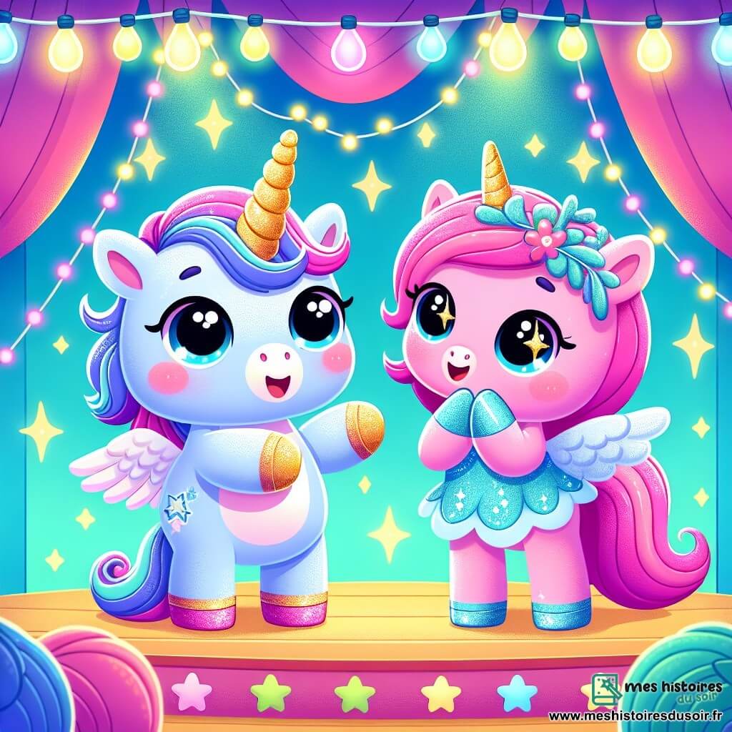 Lila, une licorne rose avec une corne brillante et des ailes dorées, se tient au centre de la scène, souriante et pleine de fierté après avoir chanté. À ses côtés, Max, une licorne bleue, applaudit avec enthousiasme, admirant son amie. La scène se déroule dans une salle de spectacle colorée, décorée de guirlandes scintillantes et de ballons multicolores, créant une ambiance magique. Lila vient de terminer sa chanson devant un public de licornes émerveillées, qui l'applaudissent, illustrant le thème de l'acceptation et de l'amitié.