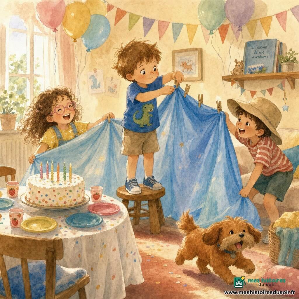 Milo, garçon de 6 ans, souriant et concentré, cheveux châtain clair, debout sur un tabouret en train d’attacher une couverture bleue avec des pinces, entouré de Lina (6 ans, cheveux bouclés bruns, lunettes en cœur) et Tom (≈7 ans, chapeau beige trop grand) qui rient en tenant la couverture, tandis que Biscotte, petit chien roux, trottine au premier plan; en arrière-plan une table d’anniversaire ronde avec un gâteau blanc et six bougies éteintes, assiettes et gobelets, le salon chaleureux décoré de guirlandes et ballons pastel, lumière douce de fin d’après-midi, instant joyeux où Milo répare la station photo après que la couverture a glissé — style aquarelle douce, couleurs pastel, traits légers et ombres subtiles.