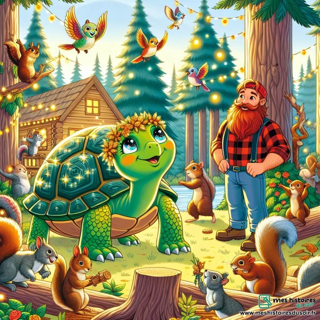 Trixie, une tortue pétillante à la carapace ornée de fleurs dorées, coordonne une fête de la nature. À ses côtés, un bûcheron barbu admire les préparatifs, hache en main et sourire aux lèvres. Des écureuils malicieux apportent des brindilles et des feuilles colorées, tandis que des oiseaux chantent dans les arbres. La scène se déroule dans une forêt enchantée, sous la lumière dorée du soleil couchant, où Trixie et ses amis décorent des maisons en bois pour célébrer l'amitié entre animaux et humains dans une ambiance festive.