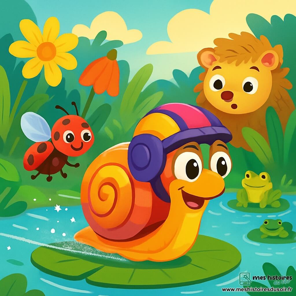 Un escargot nommé Gustave, avec une coquille colorée, glisse sur une feuille de nénuphar, ses yeux brillants d'excitation. Il porte un casque de pétales de fleurs et sa bave scintille au soleil. À côté, une coccinelle rouge, Lola, vole joyeusement et encourage Gustave. Un hérisson aux piquants dorés, surpris, les observe. Le jardin est luxuriant, rempli de fleurs et d'une mare où des grenouilles coassent. Gustave, déterminé, défie les autres animaux pour remporter la Feuille-d'Or.