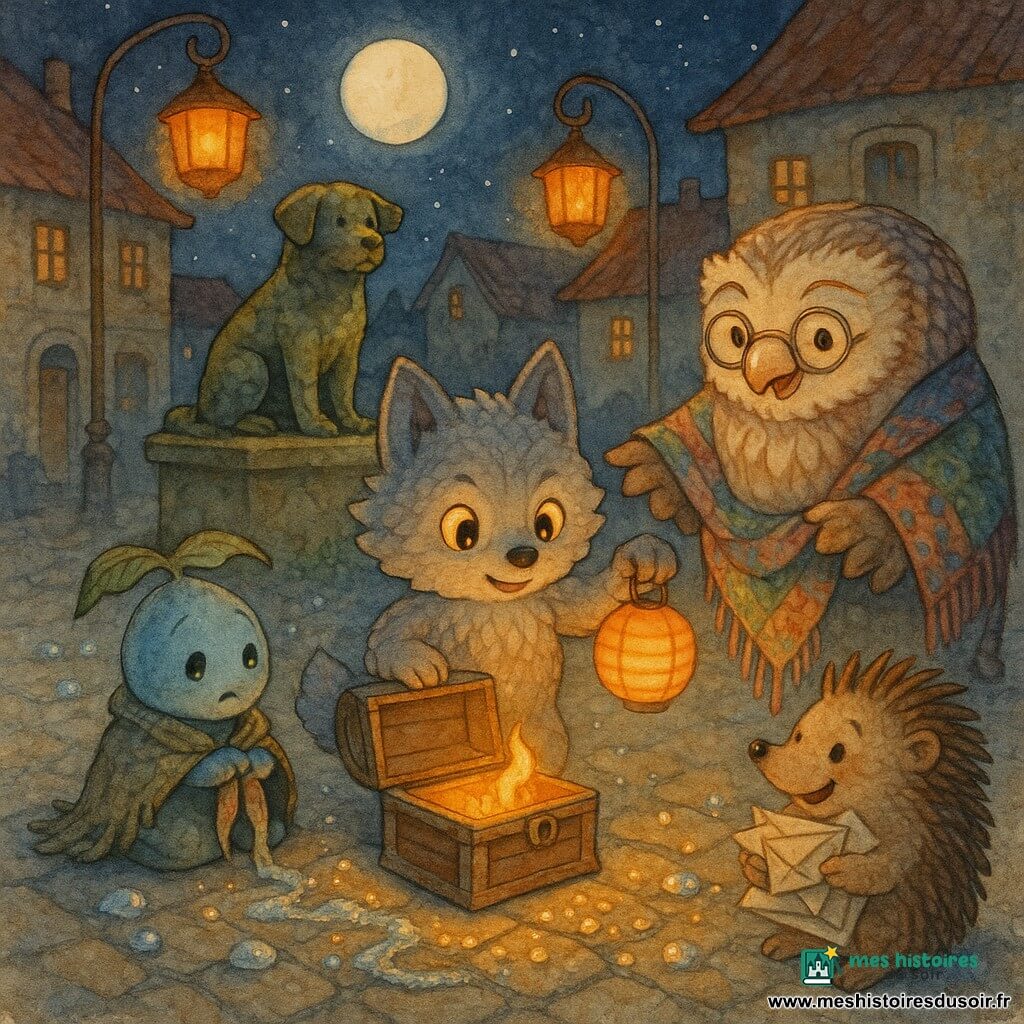 Luno, un petit loup gris aux yeux brillants, tient une lanterne en papier et pose la main au-dessus d’un petit coffre d’où s’élève une flamme dorée ; à genoux près du coffre, une petite créature de brume et de feuilles, timide et émue, serre un ruban de givre fondu. Mme Chouette, vendeuse de chapeaux, sourit depuis le bord de la place tandis que le facteur hérisson, une pile de lettres à la main, offre une missive en souvenir. La scène se déroule sur une place pavée de village, nuit claire avec lune basse et une statue de chien moussu au centre, lanternes suspendues diffusant une lueur orange : la Flamme des Souvenirs réchauffe et fait fondre le givre en gouttes scintillantes, créant une atmosphère à la fois légèrement inquiétante et réconfortante.