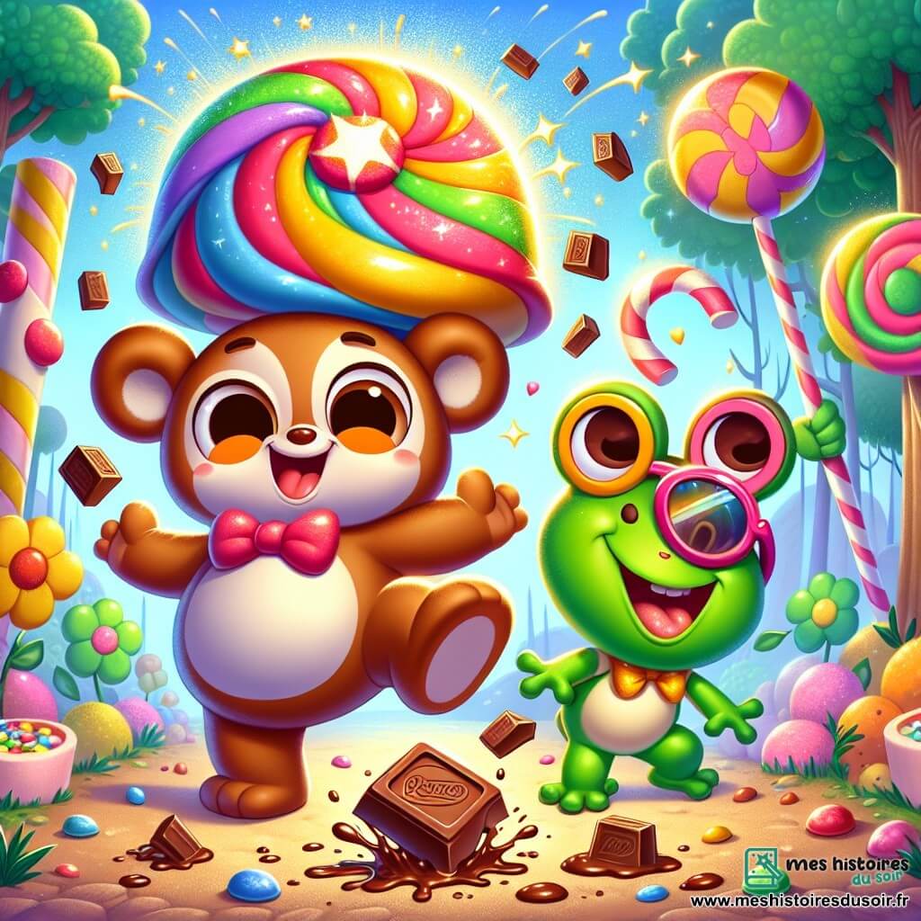 Pipo, un petit bonhomme aux grandes oreilles et au sourire éclatant, danse joyeusement sous une pluie de chocolat, ses bras levés vers le ciel. À côté de lui, Gigi, une grenouille avec des lunettes de soleil, saute de joie, éclaboussant des gouttes de chocolat. Boum-Boum, un gros ours au pelage brun, jongle avec des chocolats en riant. La scène se déroule dans une forêt enchantée, avec des arbres en bonbons et des fleurs chantantes, tandis qu'un énorme bonbon géant brille au centre, créant une ambiance de fête et de magie.