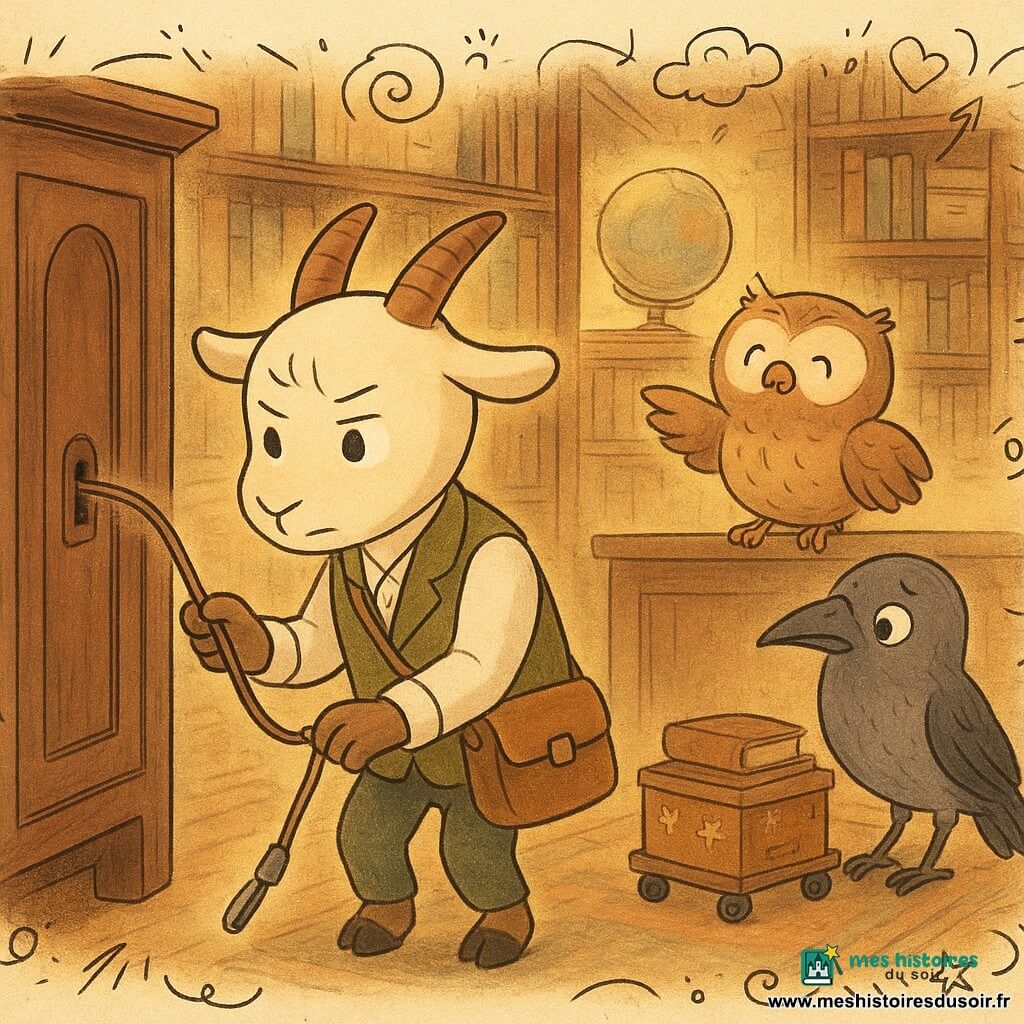 Ludo, petit chevrotin détective aux cornes lisses et sabots noirs, concentré et déterminé, porte une loupe sur ficelle, un gilet en tweed vert olive et une sacoche en cuir, et baisse une ficelle avec un aimant dans la fente d’une armoire ancienne ; Pimo, hibou bibliothécaire rond et plumetis bruns clair, soulagé et un peu anxieux, se tient sur le comptoir en arrière-plan, ailes entrouvertes, regardant la clé apparaître ; Zaga, pie grise aux plumes irisées, nerveuse et honteuse, reste près d’un chariot à rouleaux avec une petite boîte à paillettes fermée ; la scène se passe dans un couloir de bibliothèque aux étagères en bois foncé, un globe poussiéreux sur le comptoir, rayons de lumière chaude dans la poussière et un tapis usé ; moment de tension douce alors que l’aimant remonte lentement avec la Clé des Cartes collée dessous, expressions de soulagement et de curiosité, ambiance feutrée, couleurs chaudes et textures détaillées.
