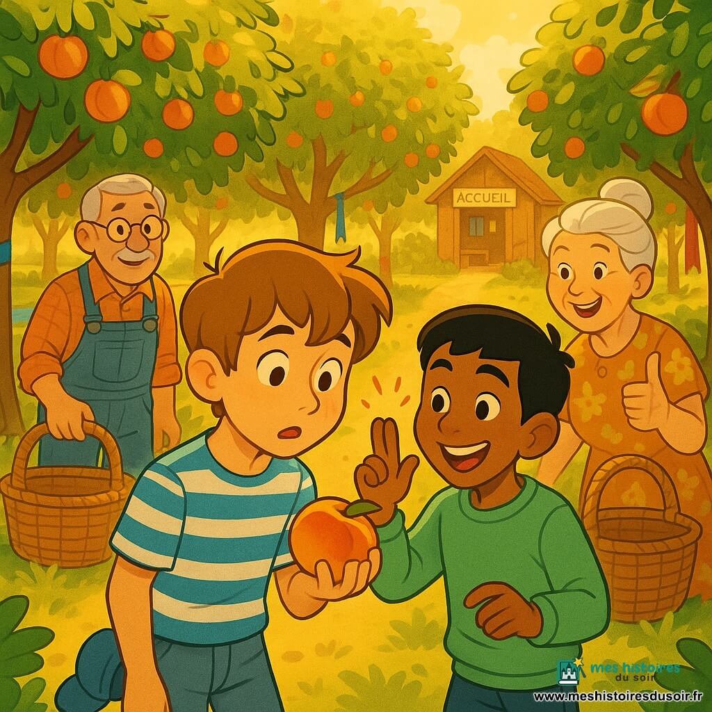Quatre personnages dans un verger d'été baigné de lumière dorée : Léo, ~11 ans, cheveux châtain clair en bataille, t-shirt rayé bleu et blanc, casquette à la ceinture, tient une pêche veloutée et la regarde, hésitant ; Noah, ~11 ans, cheveux noirs courts, sweat vert clair, sourire malicieux, claque des doigts pour attirer l'attention de Léo ; Papi André, ~70 ans, cheveux gris, lunettes, chemise à carreaux et salopette, main sur un panier en osier, expression bienveillante ; Mamie Suzanne, ~68 ans, cheveux blancs en chignon, robe fleurie, grand sourire, tend un panier en osier et fait un pouce levé. Le verger présente des rangées d'arbres fruitiers, herbe jaune pâle, rubans colorés et une cabane d'accueil au fond ; ambiance chaleureuse et instructive pendant la cueillette, couleurs chaudes et textures visibles (peau de pêche, osier, écorce).