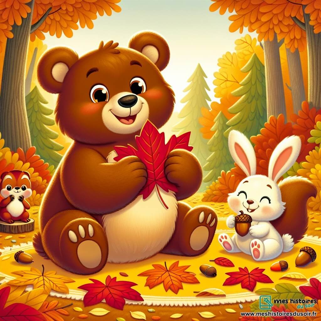 Un ours nommé Oscar, avec un pelage brun et des yeux pétillants, est assis sur un tapis de feuilles colorées, tenant une grande feuille rouge. Il sourit, débordant d'excitation. À côté, un petit lapin aux grandes oreilles blanches ramasse une feuille jaune brillante, tandis qu'un écureuil roux, perché sur une branche, les observe en tenant un marron. La scène se déroule dans une forêt enchantée aux arbres ornés de feuilles dorées, rouges et orange, sous la lumière douce du soleil d'automne. Oscar et ses amis créent un collage d'automne avec des feuilles colorées, riant et s'amusant ensemble.