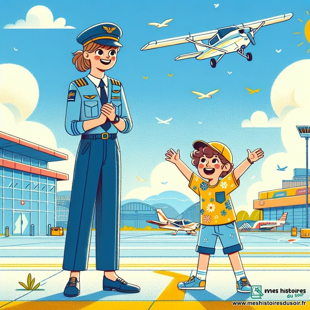 Clara, jeune pilote en formation d'environ 20 ans, souriante avec des cheveux châtains en queue de cheval, porte un uniforme bleu et un chapeau. Elle est prête à décoller à côté d'un petit avion sur le tarmac. À ses côtés, Lucas, un garçon de 8 ans aux cheveux bouclés et aux yeux brillants, porte un t-shirt jaune et des shorts. Il saute de joie, rêvant de voler un jour. L'aéroport est ensoleillé avec un ciel bleu clair et quelques nuages. Clara explique à Lucas comment piloter un avion, tandis qu'il l'écoute attentivement, admiratif.