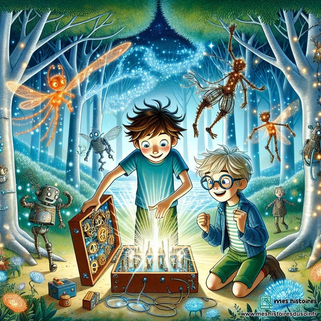 Un garçon de 10 ans, Félix, avec des cheveux bruns en bataille et un sourire espiègle, se tient au centre de la scène, les yeux brillants d'excitation. Il porte un t-shirt bleu et un short vert, manipulant une boîte lumineuse émettant une douce lueur bleutée, avec des engrenages dorés visibles à l'intérieur. À ses côtés, son meilleur ami Hugo, également âgé de 10 ans, aux cheveux blonds et lunettes rondes, l'observe avec émerveillement. La scène se déroule dans une clairière magique, entourée d'arbres argentés et de fleurs luminescentes. Des créatures fantastiques dansent autour d'eux. Félix utilise la boîte pour canaliser une énergie lumineuse vers un portail magique défectueux, prêt à s'ouvrir sur une dimension parallèle.
