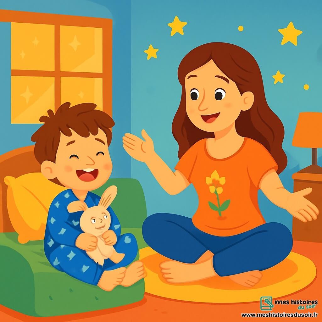 Un petit garçon de 4 ans, avec des cheveux bruns en désordre et des yeux curieux, est assis sur un lit de mousse verte, souriant. Il porte un pyjama bleu avec des étoiles blanches et serre un doudou lapin. À côté de lui, sa maman, une femme d'environ 30 ans aux cheveux châtains, est assise en tailleur sur le tapis, lui montrant la posture du papillon. La chambre est chaleureuse, avec des lumières douces, des coussins colorés et des murs bleu pastel. Le garçon rit en imitant les ailes d'un papillon, tandis que sa maman l'encourage, créant une atmosphère de calme et de bonheur.