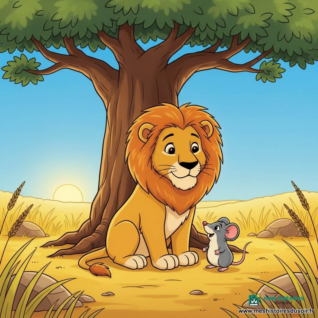 Un lion assis sous un grand baobab, visage doux et ému, crinière dorée, yeux expressifs et petite bouche souriante, pattes sur le sol sablé; une souris grise ronde nommée Mimi, oreilles roses et petite queue, debout près de la patte du lion, regard joyeux; le baobab massif au tronc rugueux et racines apparentes, quelques branches à feuilles vert foncé; savane jaune dorée aux herbes ondulantes, quelques rochers, ciel bleu clair et soleil à l’horizon; scène centrée, calme et rassurante, couleurs vives, traits doux et formes arrondies pour les tout-petits.