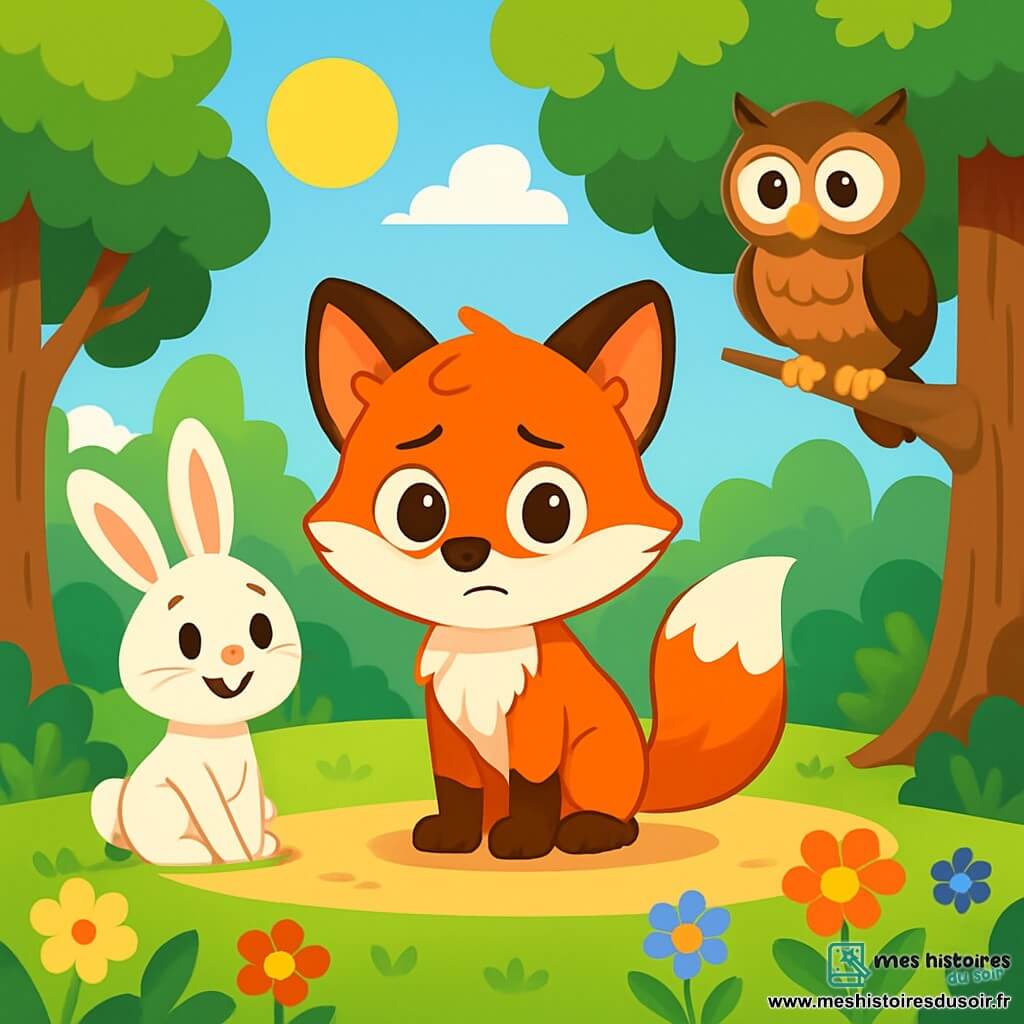Un renardeau nommé Léon, avec une fourrure rousse et des yeux curieux, se tient au centre de la clairière, l'air inquiet mais déterminé, prêt à avouer son mensonge. À ses côtés, Lulu la lapine, au pelage doux et blanc, sourit et l'écoute. Mademoiselle Hibou, une chouette sage, observe la scène avec bienveillance. La clairière, entourée de grands arbres et de fleurs colorées, est baignée de lumière. Léon s'apprête à partager la vérité, tandis que ses amis l'écoutent attentivement, créant une atmosphère chaleureuse.