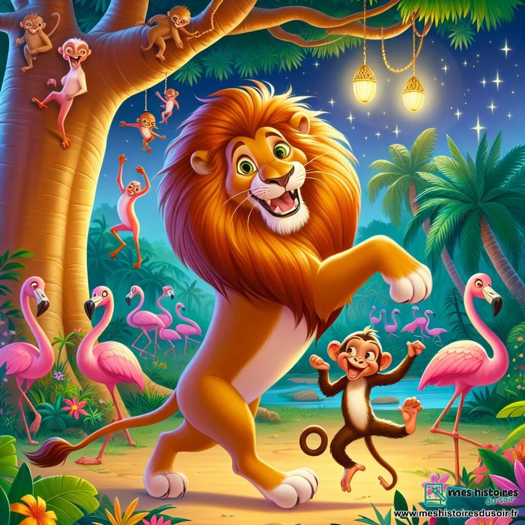 Un lion nommé Léon, avec une crinière dorée et des yeux curieux, danse sous un baobab, souriant. À ses côtés, un singe espiègle nommé Max saute de branche en branche, riant et encourageant Léon. En arrière-plan, des flamants roses dansent en cercle, ajoutant de la couleur à la scène. La jungle est vibrante avec des feuillages luxuriants et des fleurs colorées. Léon et Max célèbrent une fête joyeuse entourés d'amis animaux dans une ambiance festive.