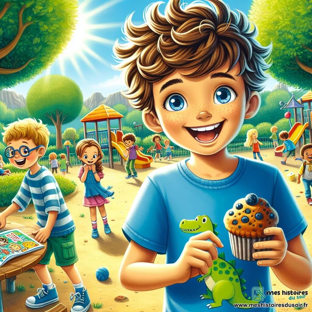 Au centre de l'image, Lucas, un garçon de 10 ans avec des cheveux bruns en bataille et un t-shirt bleu à motif de dinosaure, sourit avec excitation en tenant un muffin aux myrtilles. À sa droite, Emma, une fille de 9 ans aux cheveux bouclés dorés, montre fièrement un dessin coloré. À sa gauche, Tom, un garçon de 10 ans avec des lunettes et des cheveux châtains, partage une collation avec Lucas en riant. La scène se déroule dans une cour de récréation ensoleillée, entourée d'arbres verts et de jeux colorés, avec d'autres enfants jouant en arrière-plan. Lucas et ses amis partagent leurs collations pendant une pause, illustrant la joie de la rentrée scolaire et de l'amitié.