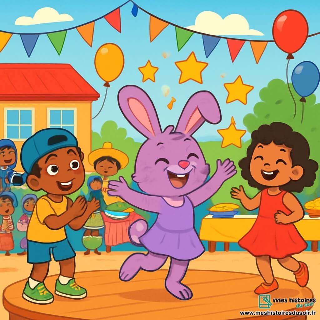Lila, une lapine aux grandes oreilles et à la fourrure rose-violette, danse joyeusement sur scène, rayonnante de fierté. À ses côtés, Sami, un garçon à la peau caramel avec une casquette à l’envers, applaudit avec admiration, tandis qu'Ana, une petite fille aux cheveux bruns en robe rouge, danse avec grâce. La scène se déroule dans une cour d'école colorée, décorée de guirlandes et de ballons, où des enfants de toutes origines créent une atmosphère festive. Lila, au centre, fait léviter des étoiles en papier tout en chantant, entourée de ses amis qui dansent et encouragent, célébrant la diversité.