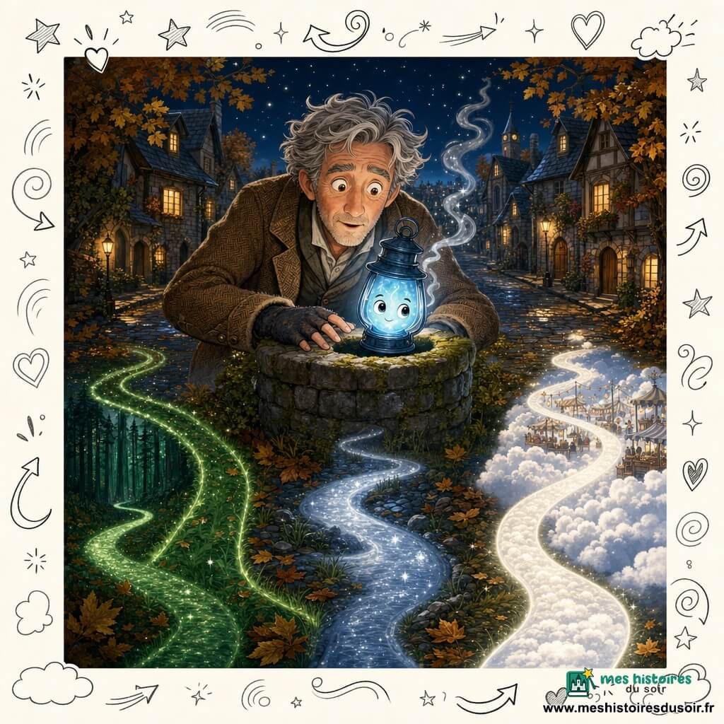 Éloi, homme d'une cinquantaine d'années au visage ridé et aux cheveux gris en bataille, penché près d'un vieux puits de pierre moussue dans un village nocturne d'automne, tient une petite lanterne bleutée animée (flamme douce aux petits yeux scintillants) qui éclaire trois sentiers lumineux dans l'herbe — un vers une forêt dense, un vers une rivière miroitante, un vers un marché de nuages — créant une atmosphère féerique contrastant avec les tons chauds des rues pavées et des feuilles dorées.