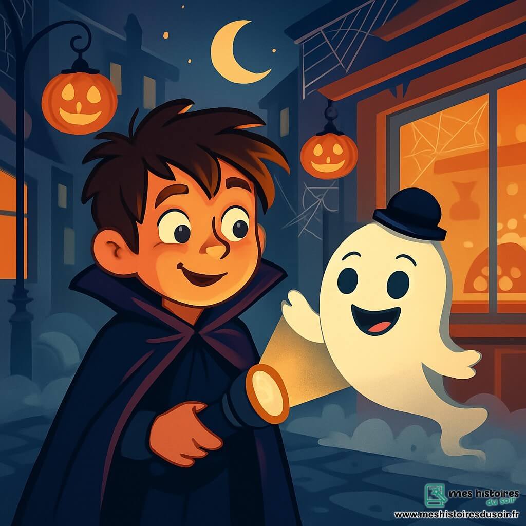 Théo, un garçon de 10 ans, porte une cape de vampire noire aux reflets violets. Avec ses cheveux bruns en bataille et un sourire curieux, il tient une lampe torche qui éclaire son visage pétillant d'excitation. À ses côtés, Frisouille, un petit fantôme blanc et transparent avec un mini chapeau melon, flotte joyeusement. La scène se déroule dans la rue des Marronniers, éclairée par des lanternes en forme de citrouilles et ornée de toiles d’araignée scintillantes. Devant un magasin de bonbons, une brume légère crée une atmosphère magique. Théo, intrigué, suit Frisouille pour découvrir les surprises d'Halloween.