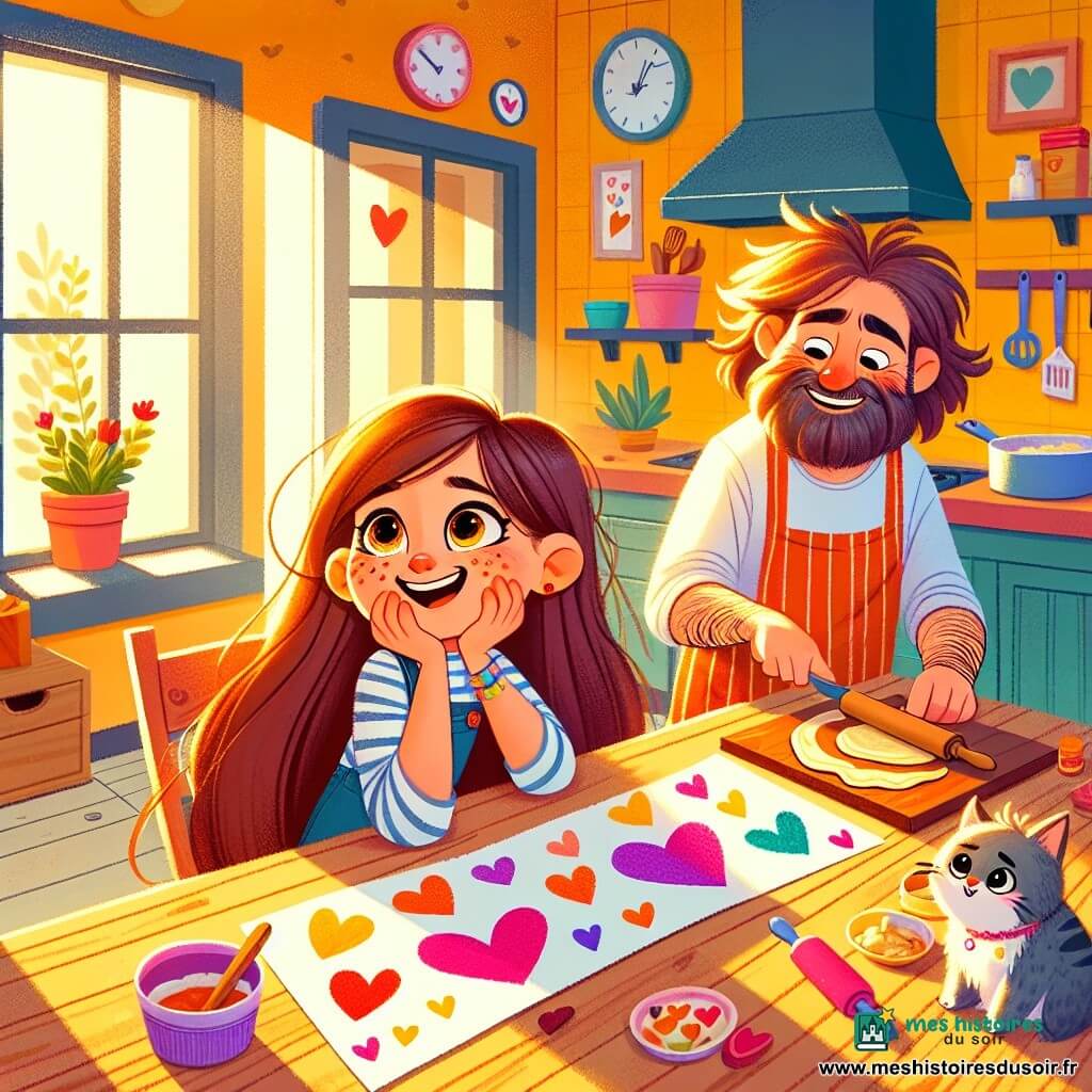 Lila, une fille de 8 ans aux longs cheveux bruns et aux yeux pétillants, est assise à une table en bois dans une cuisine ensoleillée. Elle sourit en tenant une feuille décorée de cœurs. À ses côtés, son papa, un homme d'une trentaine d'années avec des cheveux en bataille et des chaussettes dépareillées, prépare des crêpes en forme de cœur en riant. La cuisine, chaleureuse avec des murs jaunes et des fenêtres ouvertes, laisse entrer la lumière. Des ustensiles sont éparpillés sur la table, et leur chat Momo joue avec un rouleau à pâtisserie. Lila et son papa créent une playlist musicale pour la fête des pères, partageant un moment de complicité et de bonheur.