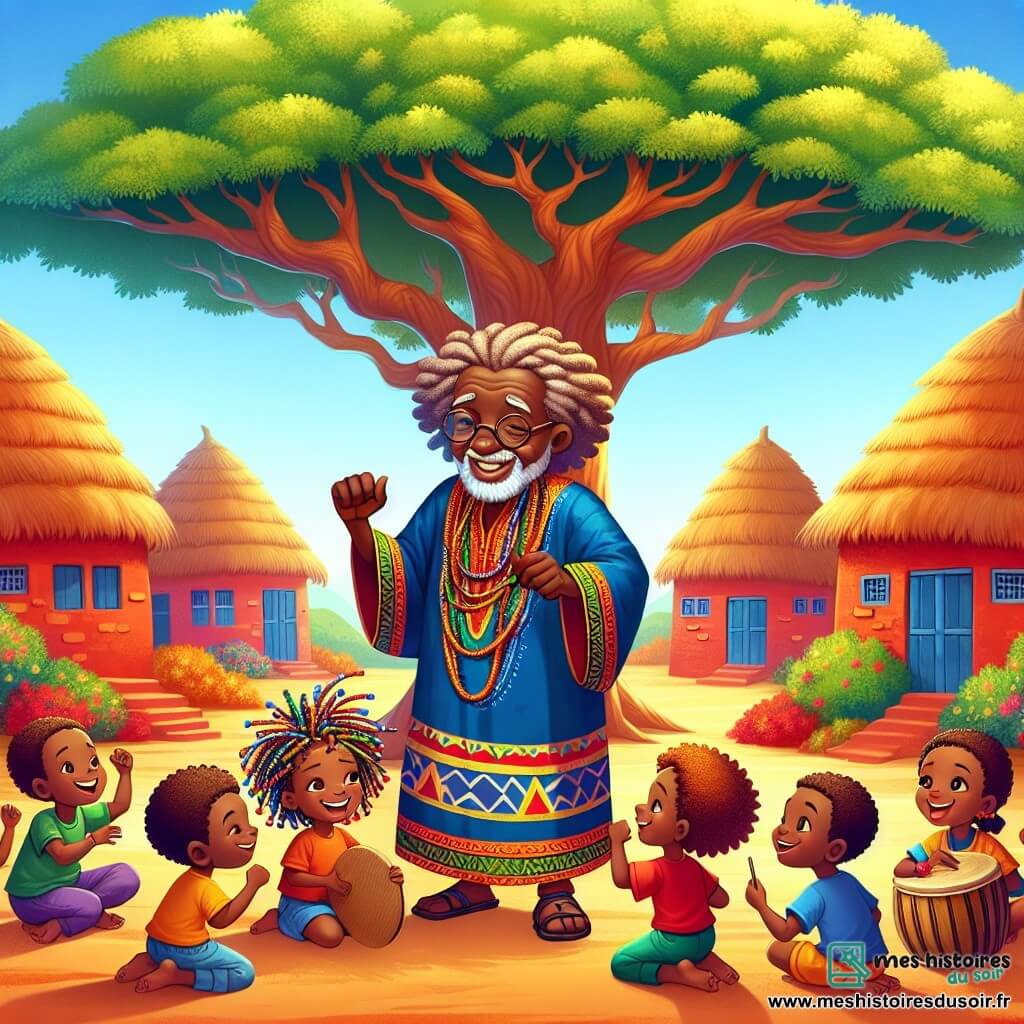 Au centre de l'image, Baba Kofi, un homme d'environ 70 ans, se tient sous un grand arbre. Il a la peau brune, des cheveux gris et porte une tunique colorée. Son visage exprime sagesse et douceur, et il sourit en accueillant les enfants autour de lui. Plusieurs enfants sont présents : une petite fille de 8 ans chante joyeusement, un garçon de 9 ans danse avec énergie, et une fillette de 7 ans dessine par terre. Le village africain est vibrant de couleurs, avec des maisons en terre cuite et un ciel bleu éclatant. Baba Kofi raconte l'importance de l'unité et de la diversité, tandis que les enfants chantent et dansent ensemble, créant une atmosphère joyeuse.