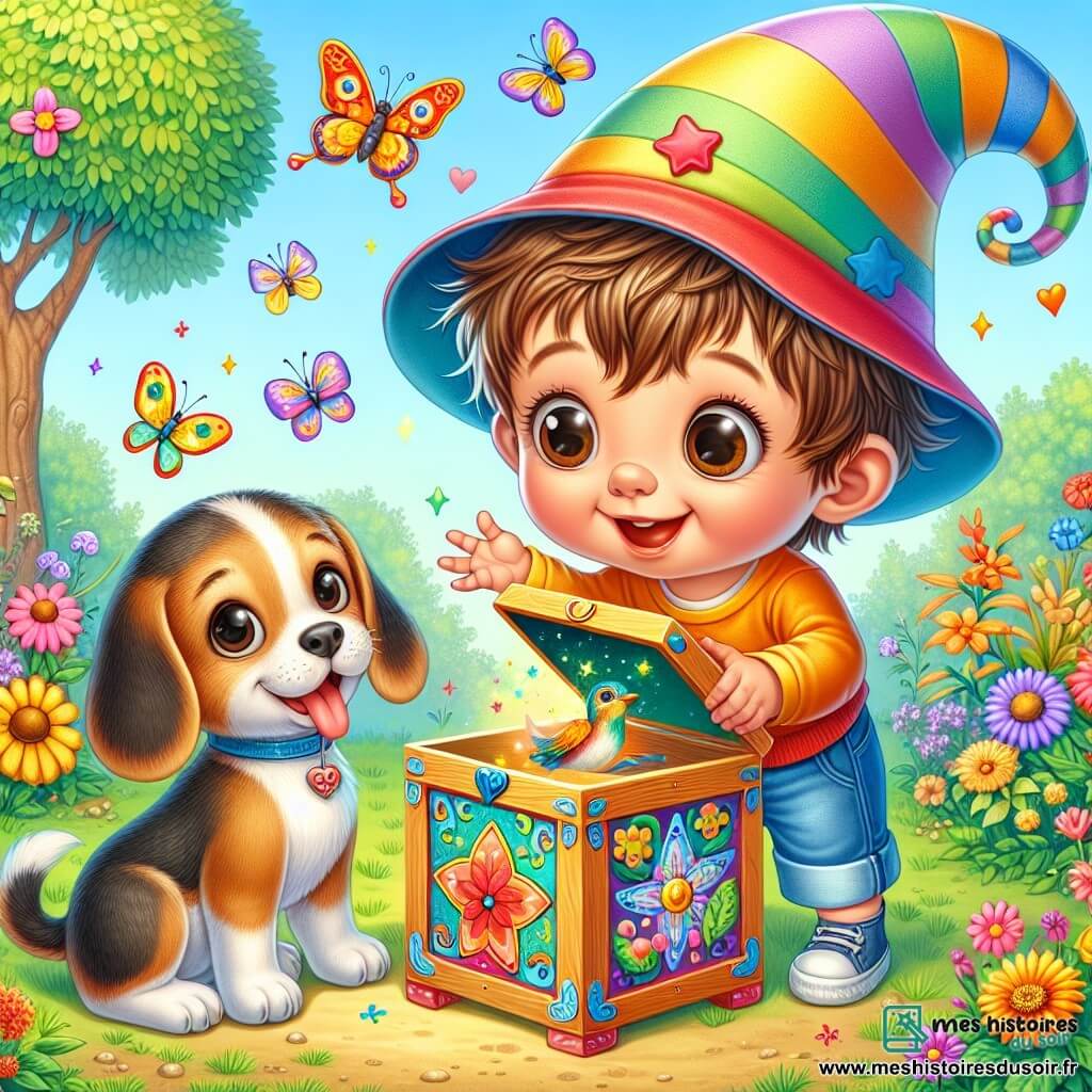 Un petit garçon de 1 an, avec des cheveux bruns en désordre et de grands yeux curieux, porte un chapeau magique coloré. Il sourit, tenant une boîte mystérieuse dans ses mains. À ses côtés, un petit chien beagle nommé Max remue la queue, prêt à explorer. La scène se déroule dans un jardin ensoleillé, rempli de fleurs colorées et de papillons. Une boîte en bois ornée de motifs émet un léger bruit, attirant l'attention des deux aventuriers. Ensemble, ils découvrent un oiseau caché dans la boîte, et l'expression de joie sur le visage du garçon montre son excitation à aider l'animal.