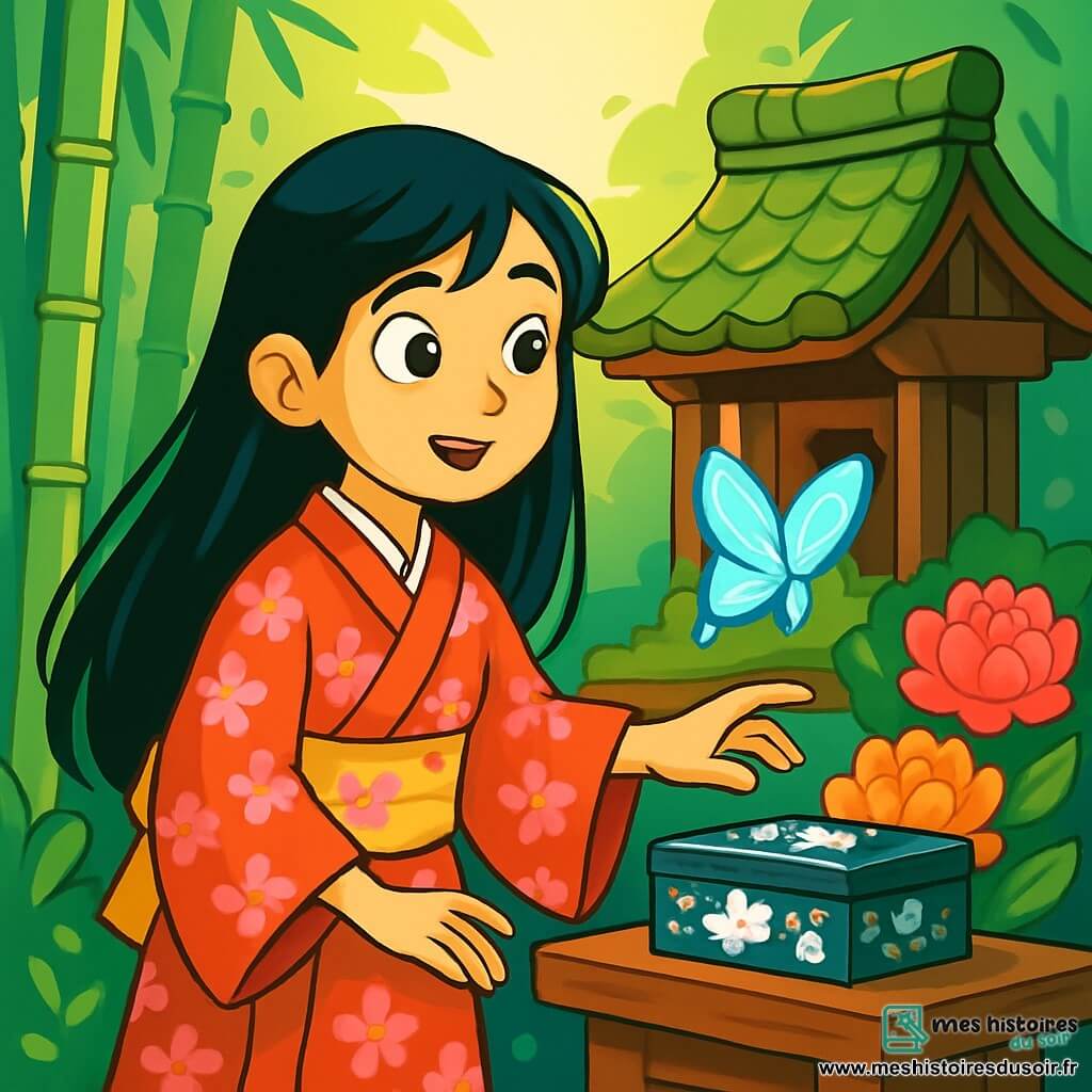 Une jeune femme nommée Akiko, âgée d'environ 15 ans, se tient au centre de l'image. Elle a de longs cheveux noirs et porte un kimono traditionnel aux motifs de cerisiers en fleurs. Son visage exprime une curiosité émerveillée, avec des yeux pétillants. À ses côtés, un papillon bleu lumineux vole gracieusement. En arrière-plan, un petit temple en bois, recouvert de mousse, est entouré de bambous et de pivoines, créant une atmosphère paisible. La lumière du matin filtre à travers les branches, illuminant le jardin. Akiko tend la main vers une boîte laquée posée sur l'autel du temple, prête à découvrir ses secrets.