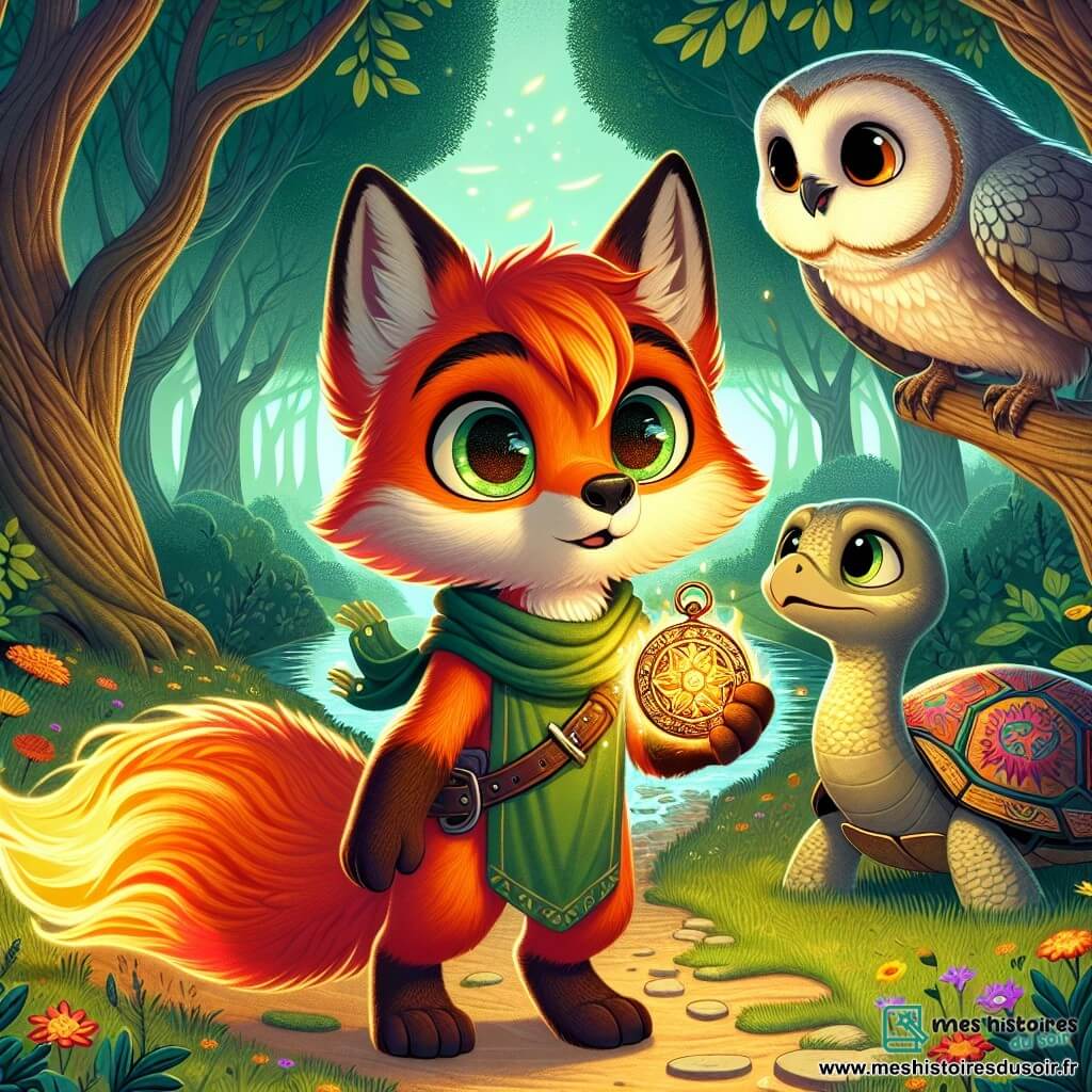 Au centre de l'image, un renard nommé Lumis, avec un pelage orange vif et des yeux curieux, se tient sur un chemin forestier, déterminé et émerveillé. Il tient un médaillon ancien brillant dans ses pattes avant, prêt à affronter l'inconnu. À sa droite, une tortue nommée Chloé, avec une carapace colorée, l'observe avec un sourire encourageant. À gauche, un hibou nommé Orin, avec des plumes grises, surplombe la scène avec une expression sérieuse mais bienveillante. Le décor est une forêt d'Émeraude, avec des arbres majestueux, des fleurs colorées et un ruisseau scintillant, créant une atmosphère magique. Lumis se prépare à entrer dans le Labyrinthe des Illusions, un chemin mystérieux symbolisant les défis à venir, tandis que la lumière du médaillon éclaire son visage, révélant son courage.