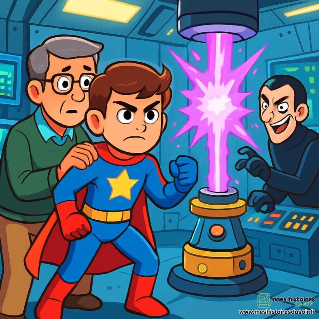 Astro-Man, un jeune homme aux cheveux bruns et aux yeux pétillants, porte un costume rouge et bleu avec une étoile jaune sur la poitrine. Son expression est déterminée, prêt à affronter le danger. À ses côtés, son père, un homme d'âge moyen avec des lunettes et des cheveux grisonnants, le soutient avec fierté et inquiétude, légèrement en retrait. La scène se déroule dans un laboratoire futuriste rempli d'écrans et d'équipements scientifiques, avec un rayon d'énergie violet émergeant d'une machine, menaçant de transférer les pouvoirs d'Astro-Man au Dr. Maléfique, un homme sournois en combinaison noire, riant malicieusement. Astro-Man est prêt à utiliser son pouvoir pour sauver son père et stopper le Dr. Maléfique.