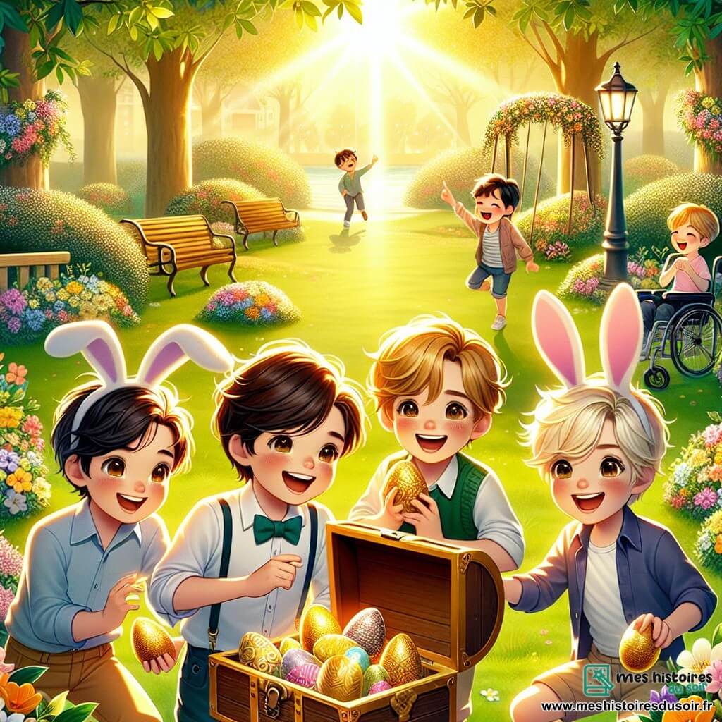 Dans un parc ensoleillé, quatre garçons sont réunis, entourés de rires d'enfants. Lucas, 10 ans avec des cheveux bruns en bataille et un bonnet à oreilles de lapin, découvre un coffre en bois. À sa droite, Maxime, 9 ans aux cheveux blonds et lunettes rondes, sourit avec un chocolat doré. À gauche, Théo, 10 ans avec des cheveux châtains, pointe le coffre avec enthousiasme. Enfin, Hugo, 11 ans en fauteuil roulant, rit en tenant un œuf en or. Le parc est fleuri, avec des enfants jouant sur les balançoires. Les garçons, en chasse aux œufs de Pâques, ont découvert un coffre rempli de chocolats et de jouets, prêts à le partager avec les autres enfants.