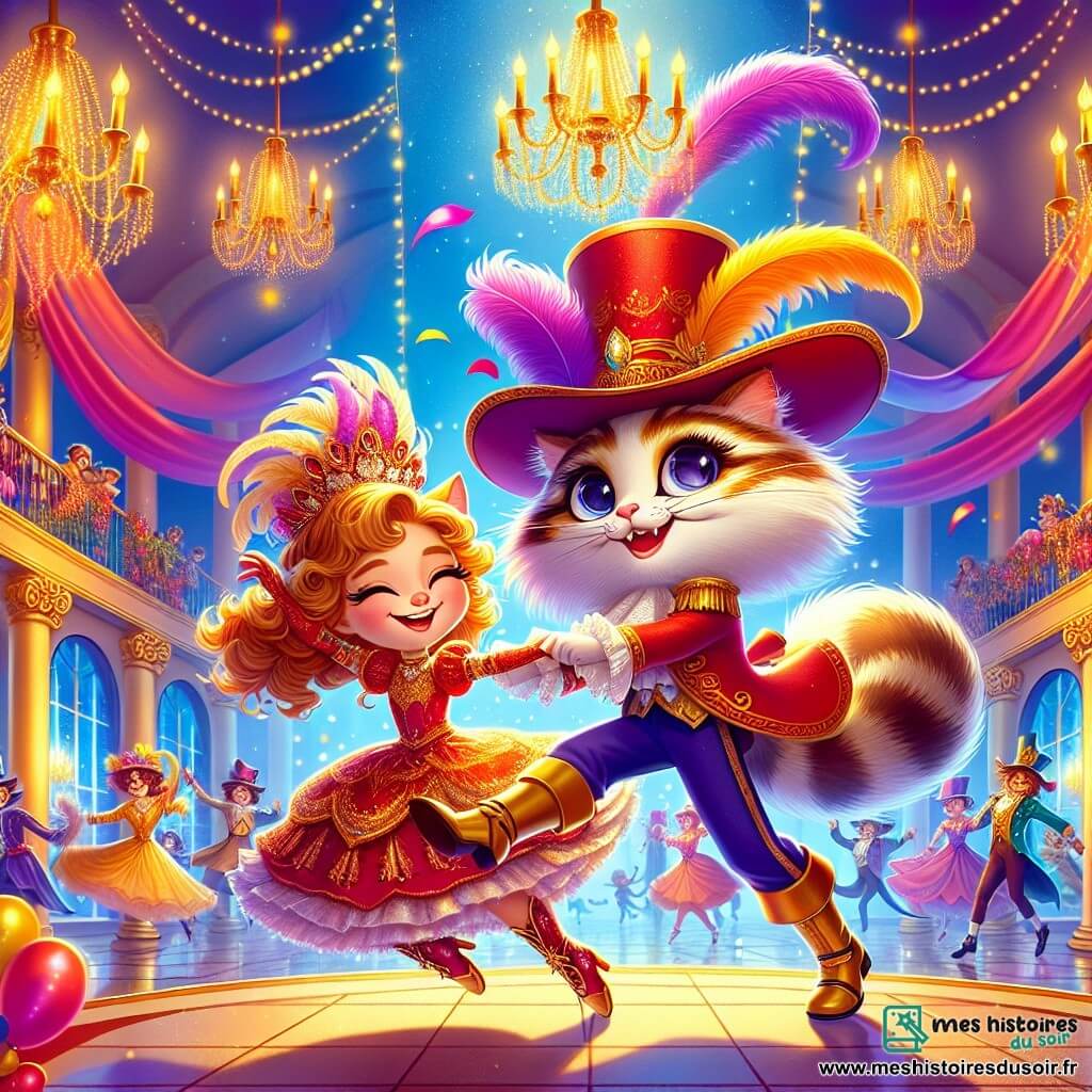 Le Chat botté, un félin élégant aux yeux malicieux, porte un grand chapeau à plume et des bottes brillantes. Il danse joyeusement au centre d'une salle flottante, un sourire illuminant son visage. À ses côtés, la Marquise, une jeune fille d’environ 12 ans, vêtue d’un costume rouge et or, tourne avec grâce, ses cheveux bouclés flottant autour d’elle. La scène se déroule dans une grande salle suspendue, ornée de ballons dorés et de guirlandes colorées, où des lumières scintillantes créent une atmosphère magique. Des invités dansent autour d'eux, remplissant l’espace de rires et de joie. Le Chat botté et la Marquise lancent la première danse du Grand Bal des Égaux, célébrant la liberté d’être soi-même dans un tourbillon de couleurs et de bonheur.
