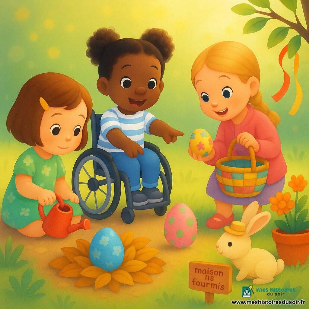 Trois filles d’environ 3 ans — Lila, châtain court avec barrette jaune en robe verte à fleurs, tenant un petit arrosoir rouge à gauche ; Noa, cheveux bouclés noirs en couettes, en fauteuil roulant léger avec un t-shirt rayé blanc et bleu au centre, pointant un œuf rose à pois verts ; Mimi, blonde en natte avec une veste rose et un panier en osier à droite, tenant un œuf étoilé — découvrent des œufs de Pâques peints cachés dans un tas de feuilles dans un coin de jardin aux pots colorés, rubans flottants et lumière du matin, tandis qu’un petit lapin crème au mini chapeau de paille saute et renifle les rubans; elles regardent les œufs avec émerveillement et les posent délicatement dans le panier.