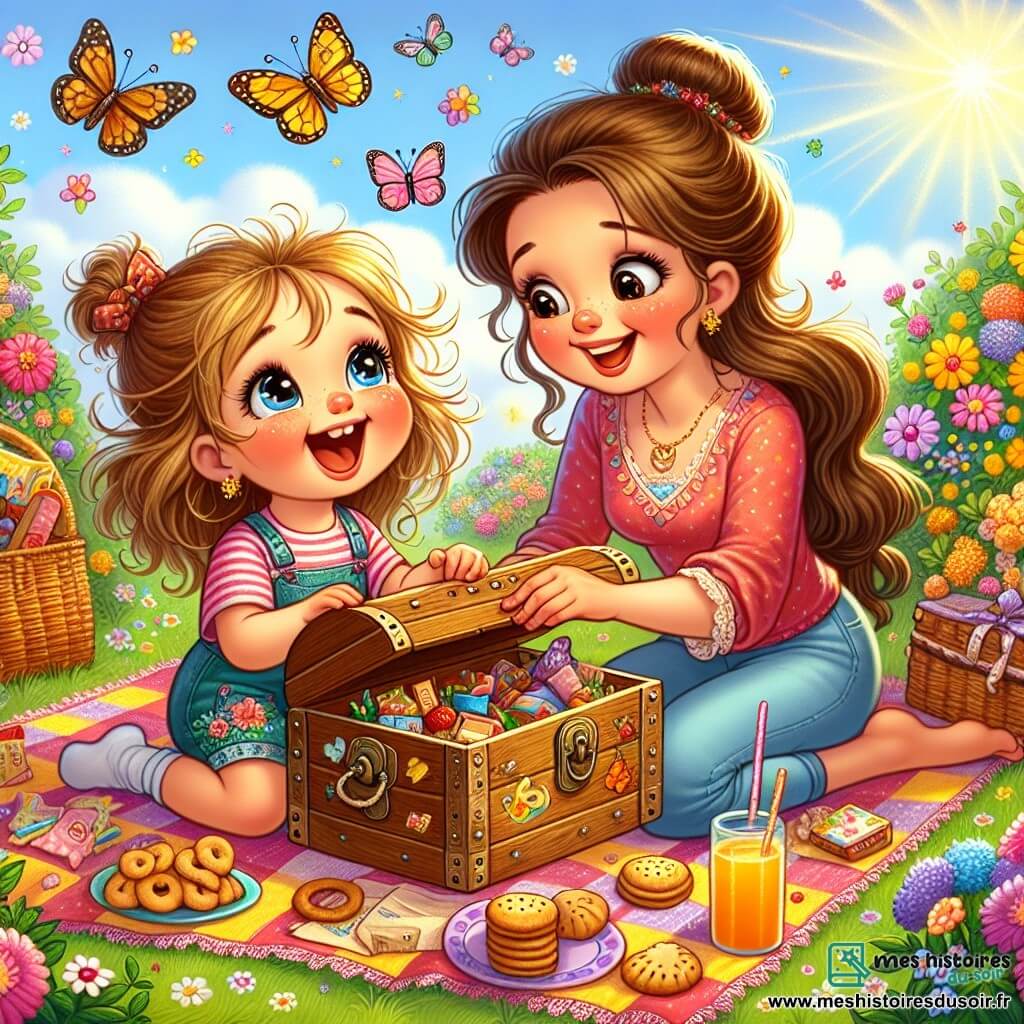 Clara, une petite fille de 6 ans aux cheveux blonds en bataille et aux yeux pétillants, est assise sur une nappe colorée dans un jardin. Elle sourit en tenant une boîte en bois pleine de trésors. À côté d'elle, sa maman, une femme dans la trentaine avec des cheveux bruns en chignon et un sourire chaleureux, regarde la boîte avec émotion, assise sur l'herbe parmi des fleurs éclatantes. Le jardin, rempli de fleurs multicolores et de papillons, sous un ciel bleu clair, crée une atmosphère joyeuse. Clara prépare un pique-nique surprise pour la fête des mères, entourée de biscuits et de jus d'orange, partageant un moment tendre avec sa maman.