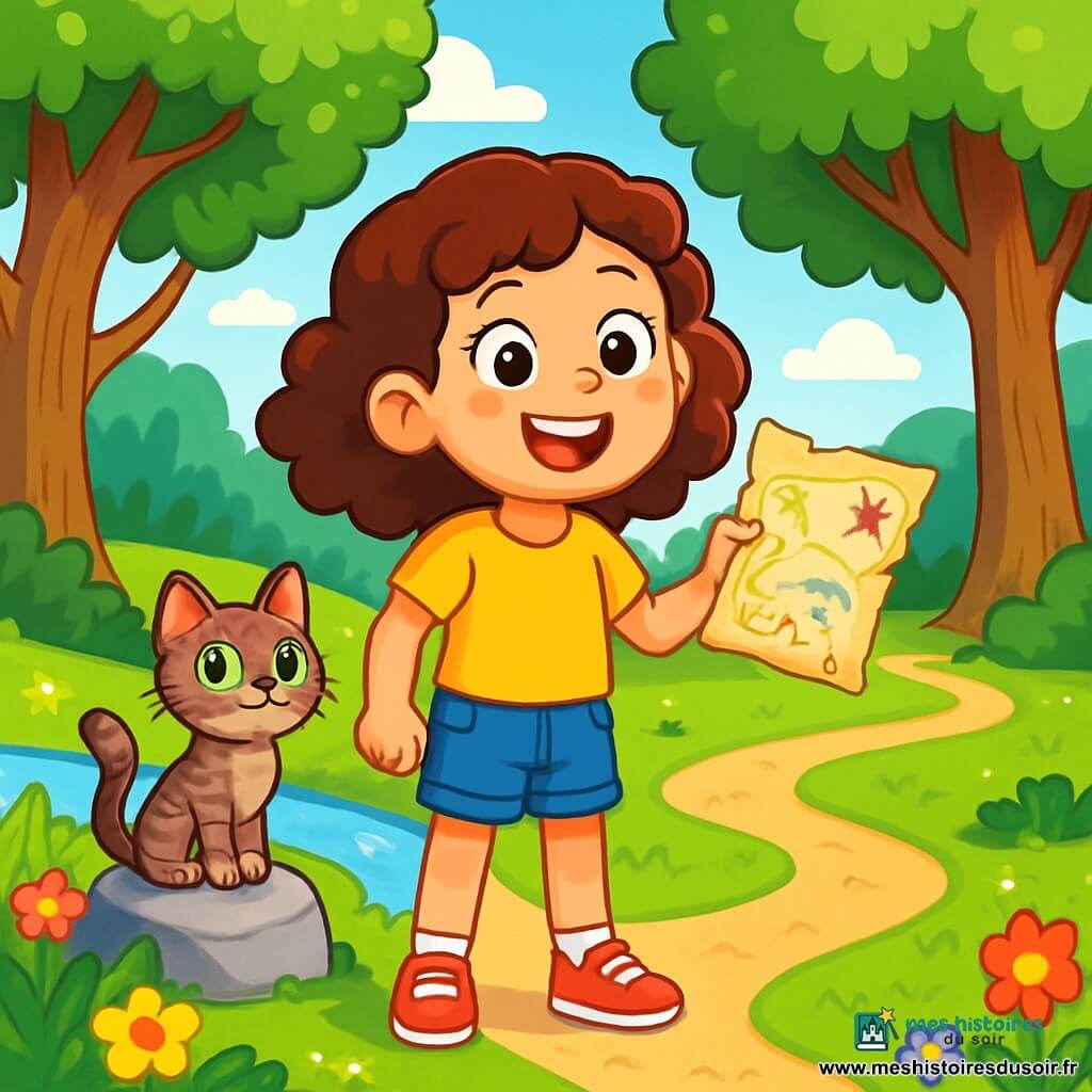 Léna, une petite fille de 8 ans aux cheveux châtains bouclés et aux yeux curieux, se trouve dans une clairière ensoleillée. Vêtue d'un t-shirt jaune vif, d'un short en jean et de baskets rouges, elle affiche un grand sourire tout en tenant une vieille carte au trésor. À ses côtés, son chat Pistache, un félin tigré aux yeux verts, est assis sur une pierre, prêt pour l'aventure. La clairière est entourée d'arbres majestueux, de fleurs colorées et d'un ruisseau scintillant. Léna, enthousiaste, se tient devant trois chemins mystérieux, hésitant à choisir celui qui la mènera au trésor.