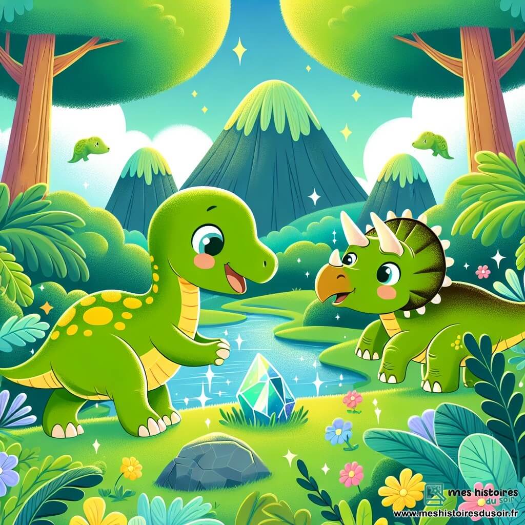 Un petit diplodocus vert avec des taches jaunes se tient joyeusement sous un grand arbre, émerveillé par une pierre brillante qu'il touche avec ses petites pattes. À ses côtés, un petit tricératops marron avec trois cornes admire la scène, souriant amicalement. Le décor est une montagne verdoyante avec des arbres géants, une rivière scintillante et des fleurs colorées. Petit Diplodocus découvre la pierre brillante, prêt à s'envoler, tandis que Petit Tricératops l'encourage, créant une atmosphère de joie et d'amitié.