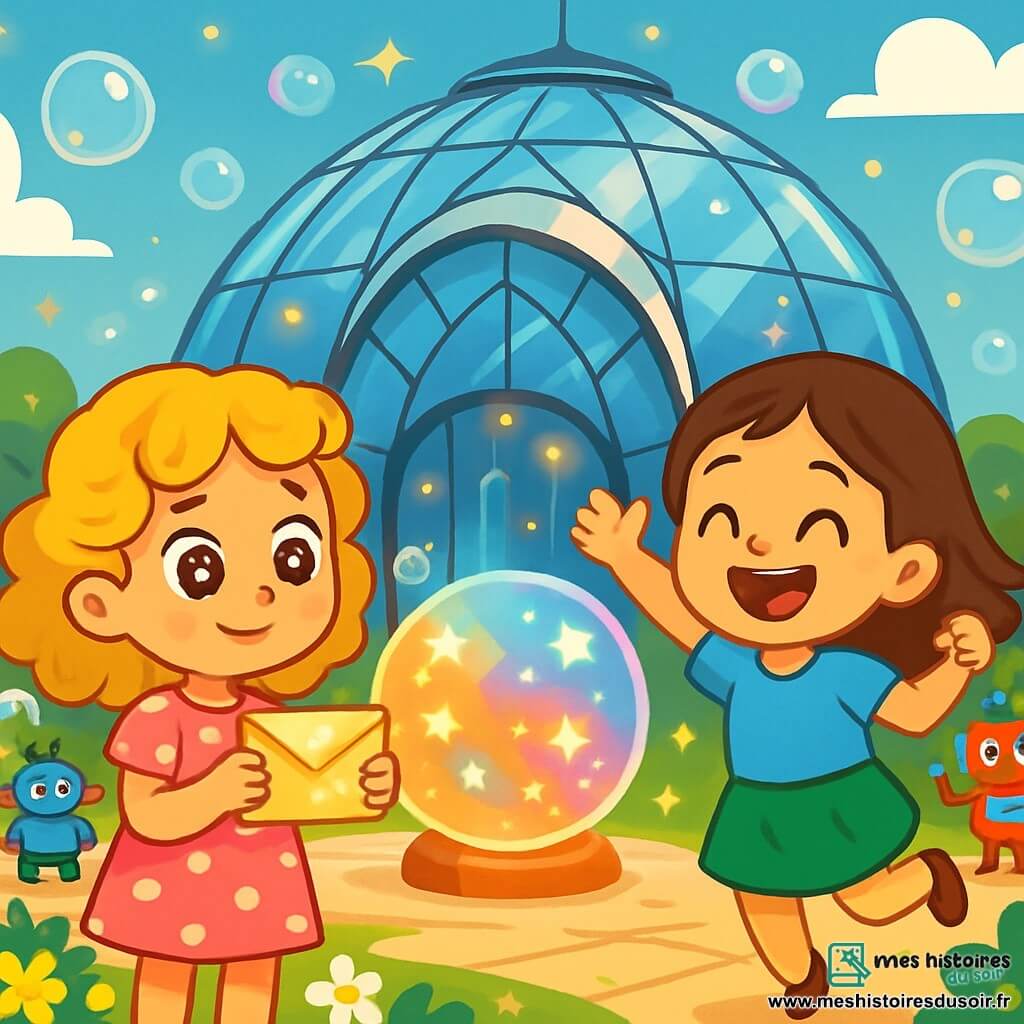 Il y a deux personnages principaux : Zoé, une fille de 6 ans aux cheveux bouclés et dorés, portant une robe rose à pois blancs, et Mila, une fille de 6 ans aux cheveux lisses et bruns, vêtue d'un t-shirt bleu et d'une jupe verte. Elles se trouvent dans le dôme des inventions, une grande structure en verre et en métal, entourée de jardins fleuris et de fontaines. Les deux filles, impatientes et émerveillées, découvrent une bulle magique de voyage qui brille et semble prête à les emmener vers des aventures extraordinaires.