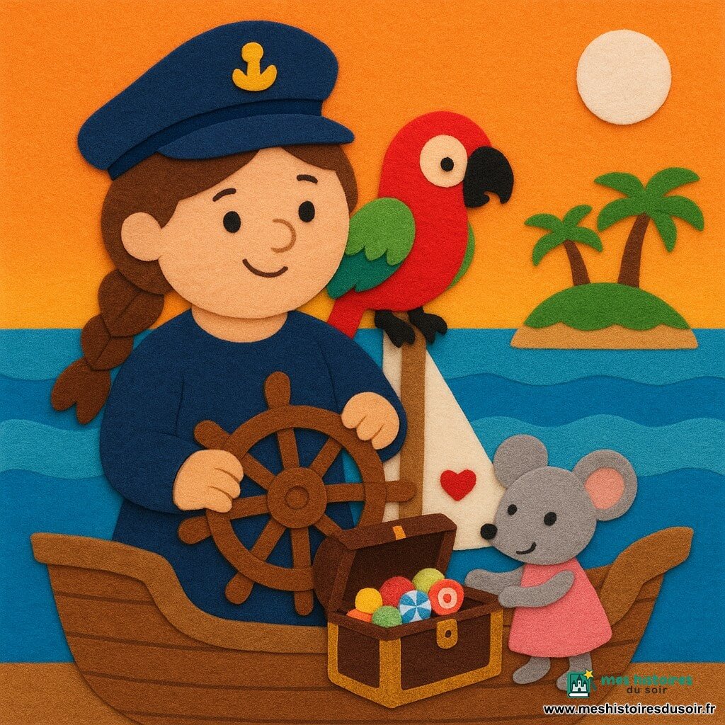 Capitaine Mira, grande et douce, visage rond, cheveux bruns en tresse et chapeau bleu marine, sourit en tenant la barre en feutrine ; perroquet Tom aux plumes rouge, vert et jaune sur son épaule droite, regarde le coffre en battant des ailes en papier découpé ; souris Lila, petite et grise avec robe rose, tient le couvercle du coffre ouvert au pied de Mira et montre des bonbons colorés et petits sourires en feutrine ; bateau en bois simple aux planches marron, voiles blanches avec petit cœur rouge et cordages en laine beige, coffre brun foncé à ferrures dorées scintillantes ; arrière-plan : petite île ronde avec palmiers découpés, mer bleue à larges bandes, ciel orange de coucher de soleil et lune blanche ; scène joyeuse, formes douces et contours nets adaptées à un felt board.