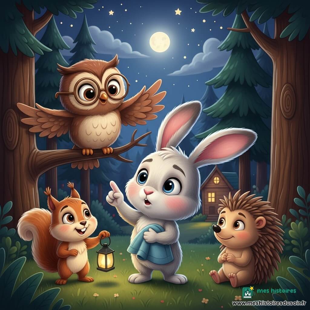 Léo, petit lapin anthropomorphe blanc et gris aux grandes oreilles roses et yeux brillants, tient une petite couverture bleue et pointe le ciel étoilé, l'air un peu inquiet mais curieux ; derrière lui, une chouette maîtresse marron aux lunettes rondes est perchée sur une branche, ailes entrouvertes et sourire tendre ; à gauche, un écureuil roux tenant une lanterne jaune regarde les étoiles, à droite un hérisson brun timide écoute en souriant, pattes jointes. Lieu : clairière forestière nocturne avec herbe douce, pins sombres, lune pâle, ciel étoilé et une petite école en bois éclairée en arrière-plan. Situation : les animaux comptent les étoiles ensemble dans une lumière douce et rassurante.