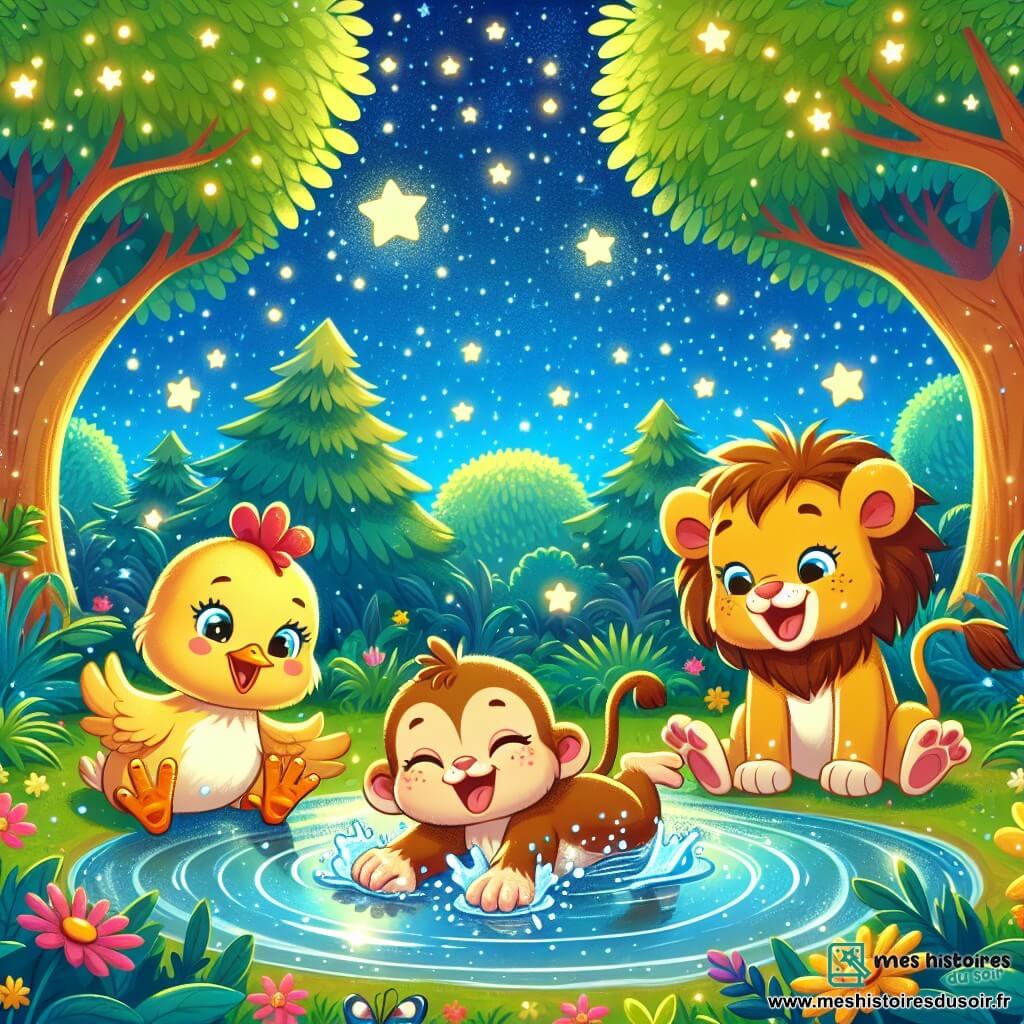 Une petite poule nommée Pépita, avec des plumes dorées, glisse joyeusement sur son ventre dans une flaque d'eau. À côté, un singe nommé Coco saute de branche en branche, riant. Un lionceau nommé Léo roule dans l'herbe, éclaboussant de l'eau. La scène se déroule dans un zoo enchanté, sous un ciel étoilé, entouré d'arbres et de fleurs. Les trois amis s'amusent ensemble, créant une atmosphère joyeuse.