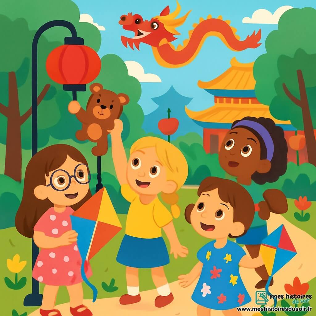Quatre enfants jouent dans un parc animé de Pékin. Mia, 7 ans, a de longs cheveux bruns, des lunettes rondes et porte une robe rose à pois blancs, tenant un cerf-volant coloré. Lila, 6 ans, avec des cheveux blonds en tresses et un t-shirt jaune, cherche son doudou Nounours accroché à une lanterne. Zoé, 7 ans, cheveux frisés et bandeau violet, porte un short en jean et admire un dragon en papier flottant. Jade, 6 ans, cheveux châtains en couettes et robe à fleurs, rit en tenant un cerf-volant. Lila est au centre de l'attention, tandis que ses amies l'encouragent, créant une ambiance joyeuse et amicale.