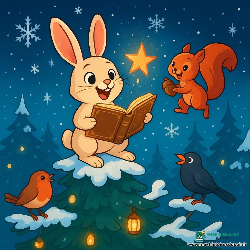 Lila, une petite lièvre au pelage couleur de lait chaud, se tient joyeusement au sommet d'un sapin, ses grandes oreilles dressées et ses yeux pétillants d'excitation. Elle sourit en tenant un livre ancien aux pages dorées, tandis que des flocons de neige tombent autour d'elle. À ses côtés, Milo, un écureuil roux, saute avec enthousiasme, tenant un gland. Plus bas, des oiseaux colorés chantent en harmonie. La scène se déroule dans une clairière magique, entourée de sapins illuminés par des lanternes scintillantes et recouverte de neige. Lila chante une ritournelle joyeuse, entourée de ses amis, alors qu'une étoile descend lentement pour se poser sur son livre, créant une atmosphère chaleureuse et festive.