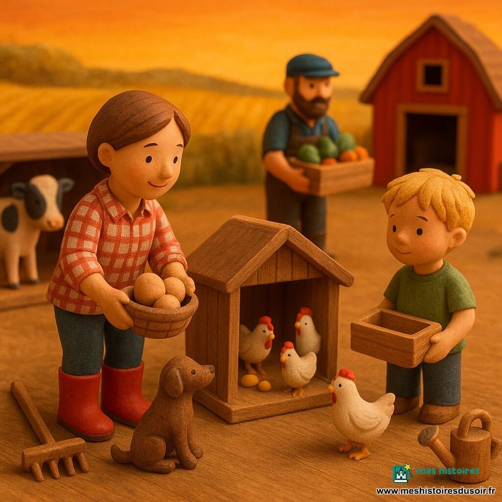 Femme agricultrice souriante aux cheveux courts tenant un panier d’œufs, penchée vers un poulailler miniature où des poules blanches picorent ; un garçon d’environ 6 ans à sa droite porte une caisse en bois vide et observe les poules, un homme d’environ 35 ans barbu aide en arrière-plan avec une caisse de légumes. Un chien jouet en bois est assis à ses pieds et une vache en bois peinte se tient dans l’étable ouverte ; râtelier, perchoirs et quelques œufs visibles. Scène de ferme au crépuscule, lumière dorée, champs de blé stylisés, cabane rouge, râteau et arrosoir sur une table en bois, couleurs chaudes, textures bois mates, perspective en diorama légèrement vue de dessus.