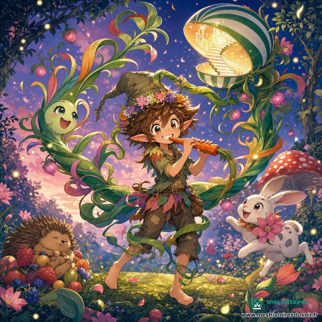 Un jeune elfe nommé Biscotte, pieds nus et malicieux, chapeau râpé, cheveux châtain clair en mèches, souriant, joue d’une flûte en carotte tandis qu’une plante créature verte et lumineuse enroule une liane pour poser une couronne de fleurs sur sa tête; à droite un lapin blanc tacheté de gris coiffé d’une grande fleur saute, à gauche un hérisson brun roulé sur des fruits colorés; la scène se déroule dans une clairière mousseuse avec un grand champignon rouge à pois, des lucioles et un crépuscule pastel; moment chaleureux où la musique calme la plante qui danse pendant qu’un gros fruit rayé blanc et vert au sommet de la plante s’ouvre pour révéler un petit escalier en spirale scintillant.