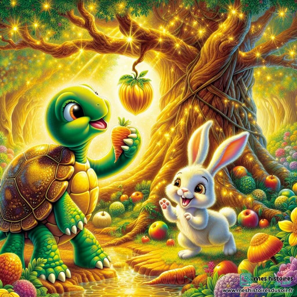 Au centre de l'image, Tilly, la tortue, a une carapace dorée et un sourire joyeux. Elle touche un fruit doré suspendu à un arbre majestueux. À côté d'elle, Roger, le lapin espiègle, avec sa fourrure blanche et une carotte à moitié mangée, saute joyeusement, curieux de découvrir le jardin. Le décor est une clairière enchantée, baignée de lumière dorée, avec un arbre chargé de fruits colorés et des fleurs vibrantes, créant une atmosphère magique. Tilly et Roger, émerveillés, découvrent le trésor de l’amitié dans leur jardin, symbolisant la joie de leur aventure.