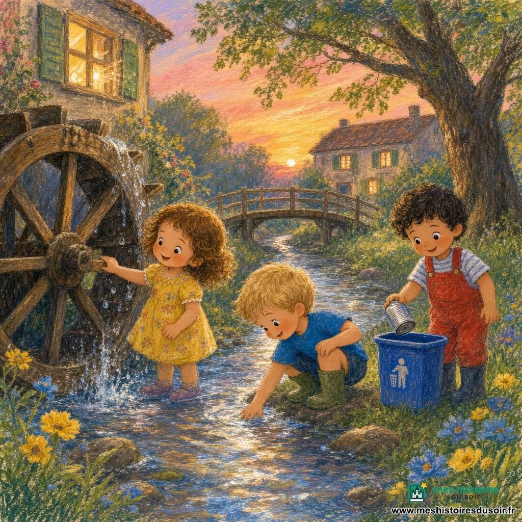 Trois enfants de 3 ans découvrent un ruisseau au crépuscule : Lila, cheveux bruns bouclés en petite robe jaune à fleurs, touche la roue hydraulique en bois à gauche en souriant vers l’eau; Tom, cheveux blonds courts en t‑shirt bleu et bottes vertes, met la main dans le ruisseau au centre en regardant les clapotis; Sami, cheveux noirs frisés en salopette rouge, tient une canette à droite, prêt à la déposer dans une petite poubelle bleue. Le ruisseau clair et peu profond coule en diagonale avec reflets argentés et petites vagues, une grande roue en bois usée mais chaleureuse éclabousse près du bord, herbe verte, fleurs jaunes et bleues, un petit pont et une maison ancienne aux volets verts en arrière-plan, un grand chêne à droite et une lumière douce du soir aux tons pastel créent une atmosphère joyeuse et calme où la roue tournante fait scintiller la lumière.