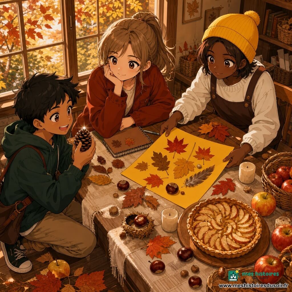 Zoé, 12 ans, sourit doucement en regardant la table, cheveux châtain clair en queue de cheval, veste couleur rouille et carnet spiralé à côté d’elle; Lina, ~12 ans, bonnet jaune vif et cheveux bruns courts, place une grande feuille jaune au centre; Sami, ~12 ans, sac en bandoulière et sweat vert foncé, accroupi à gauche, tient une pomme de pin brillante en riant; table en bois brut près d’une grande fenêtre d’où tombent des feuilles orange et rouges, nappe crème, petites bougies éteintes et tarte aux pommes tiède sur un plateau, nombreux objets d’automne (feuilles séchées de chêne et d’érable, glands, marrons, plume grise, pommes fraîches); lumière douce de fin d’après-midi avec reflets dorés sur les feuilles, textures chaudes; composition centrée sur la table en légère plongée, expressions amicales et complices, palette ocres, rouges, bruns et touches de jaune; style manga clair, traits nets, yeux expressifs, rendu illustratif adapté aux enfants de 12 ans.