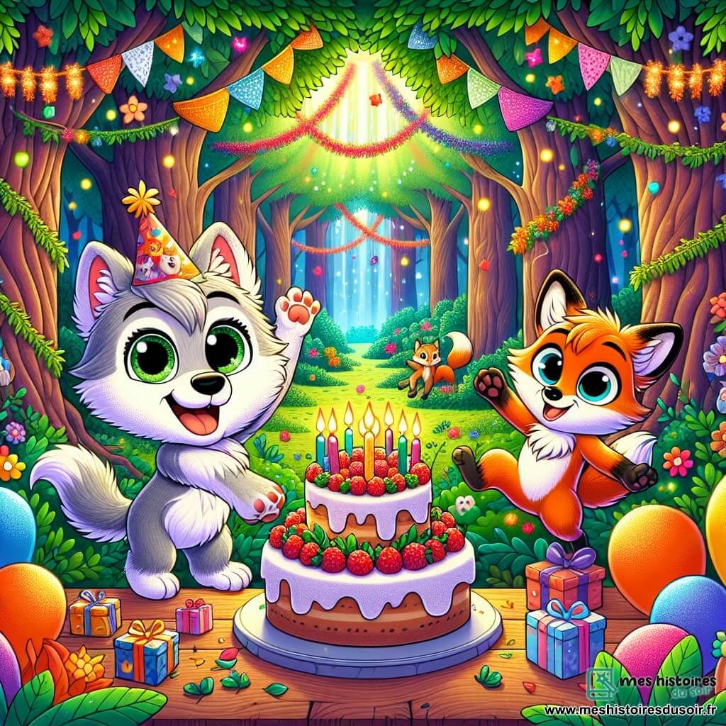Léo, un petit loup aux yeux brillants et au pelage gris, se tient au centre d'une forêt enchantée, souriant. Il porte un chapeau de fête et tient un gâteau d'anniversaire décoré de bougies. À côté de lui, Félix, un renard aux poils roux, saute de joie avec un paquet cadeau. La forêt est remplie d'arbres majestueux, de guirlandes lumineuses, de ballons colorés et d'un grand gâteau sur une table en bois, entouré de fleurs. Léo et Félix sont entourés de leurs amis animaux, tous joyeux, célébrant l'anniversaire de Léo dans une atmosphère magique.