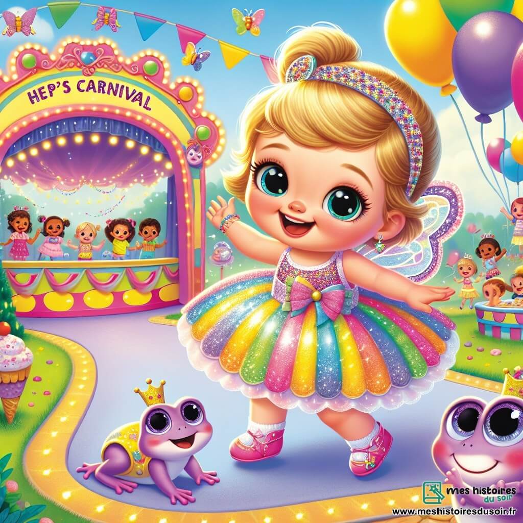 Zoé, une petite fille de 2 ans, porte une robe arc-en-ciel scintillante et un chapeau de fée. Elle a de grands yeux brillants et un sourire radieux, sautant joyeusement avec excitation. À côté d'elle, une grenouille violette avec une couronne en papier se tient sur son épaule. Le carnaval se déroule dans un parc enchanté, rempli de ballons colorés, de guirlandes lumineuses et de stands de friandises. Des enfants rient et dansent autour d'une scène décorée de fleurs géantes et de confettis. Zoé et la grenouille cherchent le rire perdu du carnaval, prêtes à vivre une aventure magique.