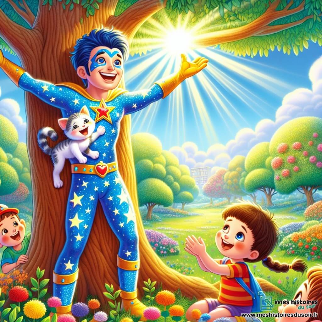 Zoum, un super-héros en costume bleu avec des étoiles, sourit joyeusement en tenant un petit chat sur une branche d'arbre. À ses pieds, un garçon de 7 ans aux cheveux bruns admire Zoum en levant les bras, tandis qu'une fille de 6 ans avec des tresses et une robe jaune applaudit, souriante. La scène se déroule dans un parc verdoyant avec des arbres, des fleurs et un ciel bleu. Zoum vient de sauver le chat coincé, célébré par les rires et applaudissements des enfants.