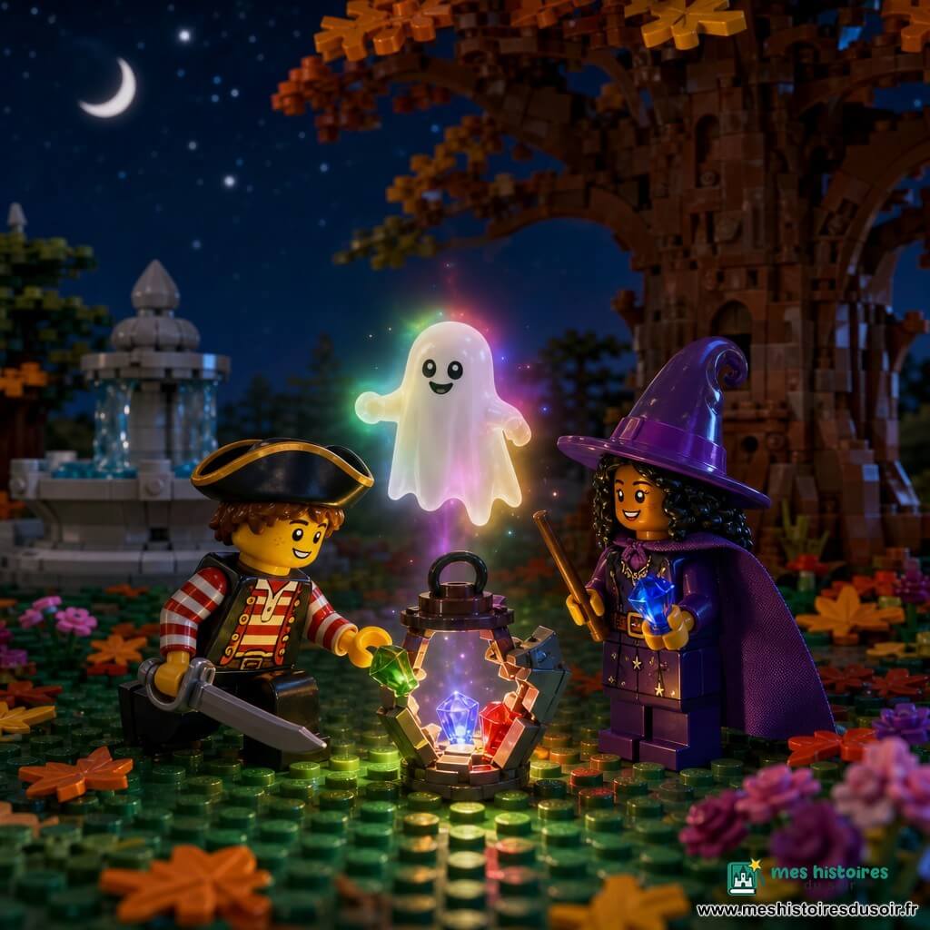Trois personnages dans un parc nocturne d'automne en décor LEGO : Léo, ~8 ans, déguisé en pirate agenouillé à gauche de la lanterne en train de poser une pierre verte ; Mia, ~7 ans, déguisée en sorcière, debout à droite, tenant une pierre bleue brillante et souriant ; et Gaston, petit fantôme translucide flottant au-dessus de la lanterne. Les enfants insèrent des pierres précieuses dans une lanterne cassée qui s'illumine d'une douce lumière multicolore, projetant des reflets colorés sur leurs visages et les feuilles autour, ambiance magique et chaleureuse.