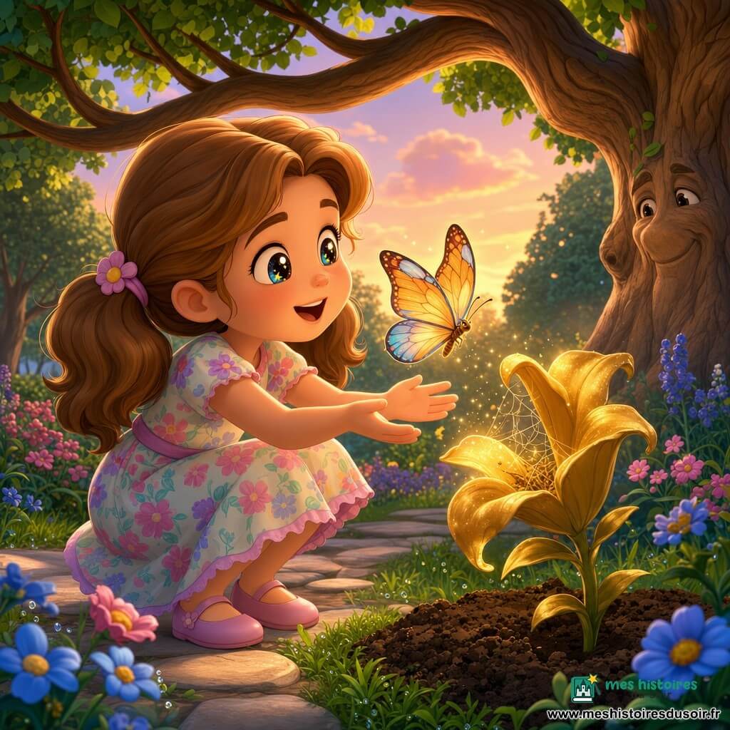 Lila, 6 ans, châtain clair en couettes, émerveillée, accroupie et tendant la main vers une grande fleur dorée veloutée au centre d'un parterre sombre; un papillon orange et bleu s'envole au‑dessus de sa main après avoir été libéré d'une petite toile. En arrière‑plan, arbres aux troncs larges et feuillage profond, allée de pierres, fleurs multicolores, herbe couverte de rosée et ciel de coucher de soleil pêche et lavande; ambiance chaleureuse et magique, lumière douce mettant en valeur la fleur et le visage de Lila.