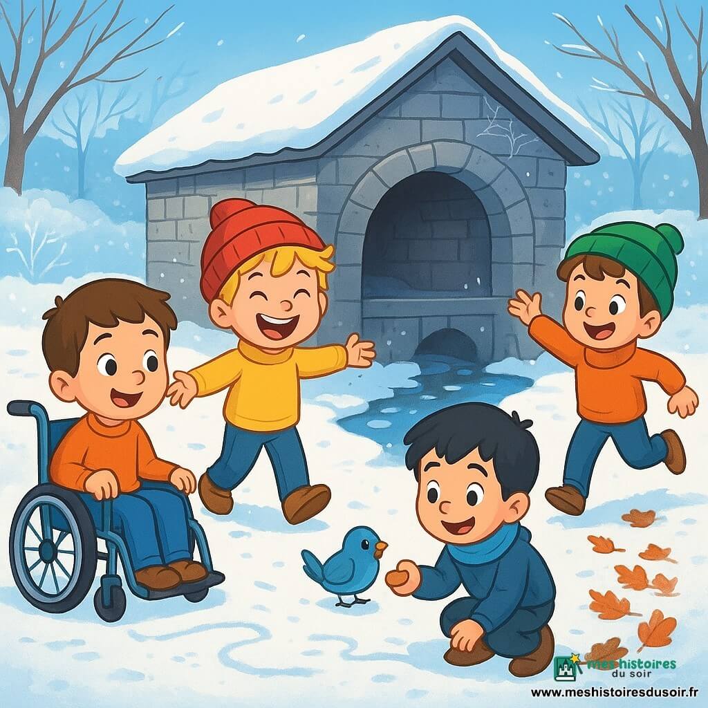 Quatre enfants jouent près d'un lavoir ancien : Léo, un garçon de 5 ans en fauteuil roulant, sourit en traçant des chemins dans la neige ; Tom, aussi âgé, montre le champ de givre avec un grand sourire ; Sami, accroupi, tient une miette de biscuit pour un oiseau ; et Marc, en train de sauter joyeusement. Le lavoir est entouré de pierres grises et de givre, avec une fine couche de neige au sol. En arrière-plan, des arbres dénudés se dressent sous un ciel bleu clair, et un ruisseau coule doucement avec des plaques de glace. Les enfants partagent des miettes avec un oiseau, créant un moment chaleureux au cœur de l'hiver.