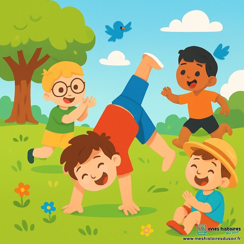 Quatre enfants jouent dans un parc ensoleillé. Léo, 4 ans, fait une roue sur l'herbe, portant un t-shirt rouge et un short bleu. Max, également 4 ans, applaudit à côté de lui, vêtu d'un t-shirt vert et d'un short jaune. Sami, 4 ans, s'élance pour faire une galipette, avec un t-shirt orange et un short noir. Tom, 4 ans, est assis sur l'herbe, riant et encourageant ses amis, portant un t-shirt bleu clair et un short rouge. L'atmosphère est joyeuse, illustrant le plaisir de jouer ensemble.